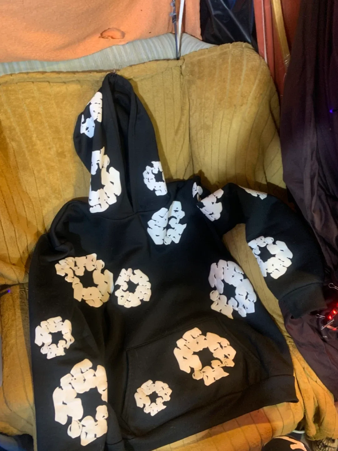 Black Hoodie with White Floral Design image indicator(3)