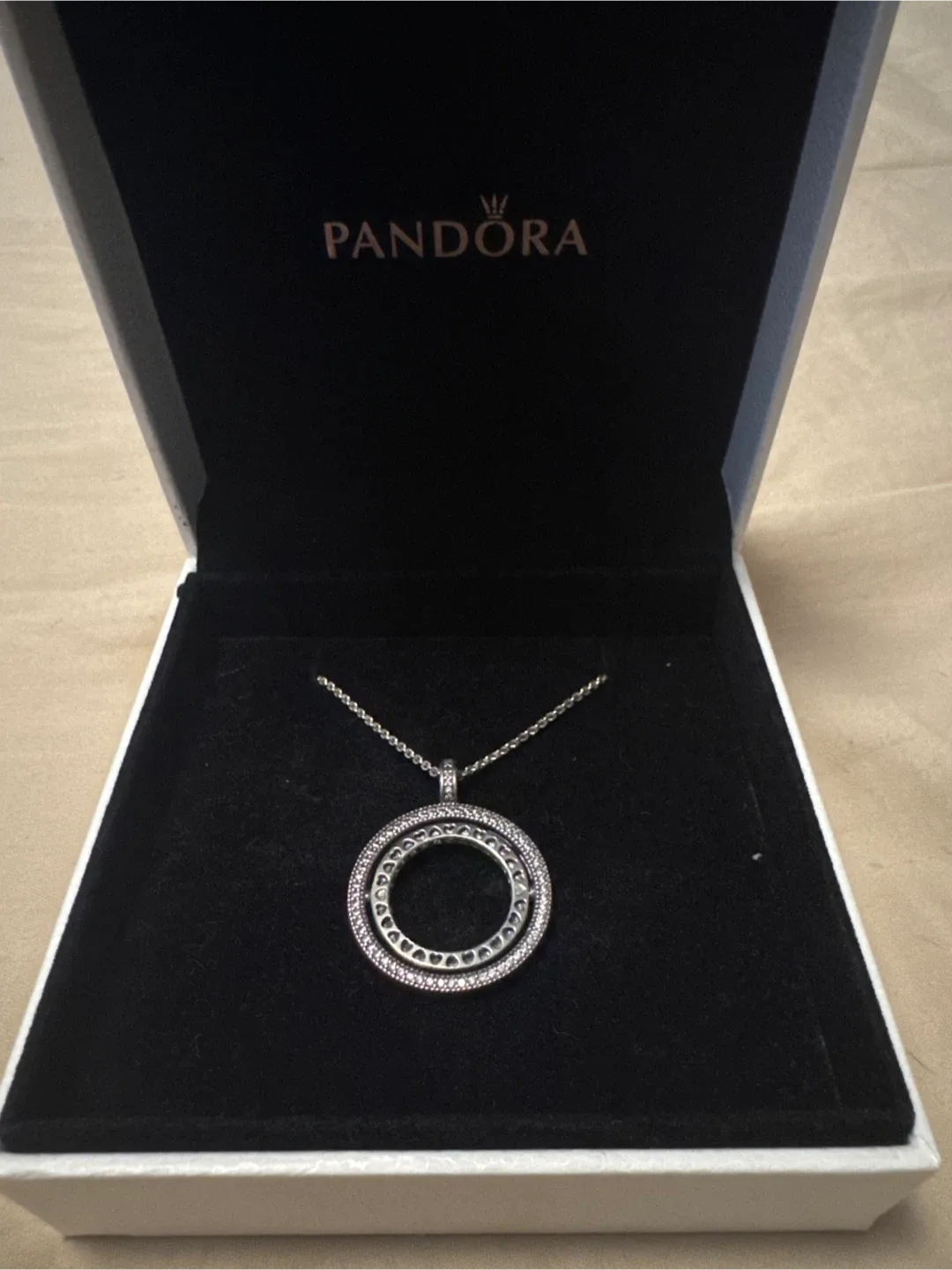 #cleanout Pandora Silver Necklace with Spinning Hearts Pendant