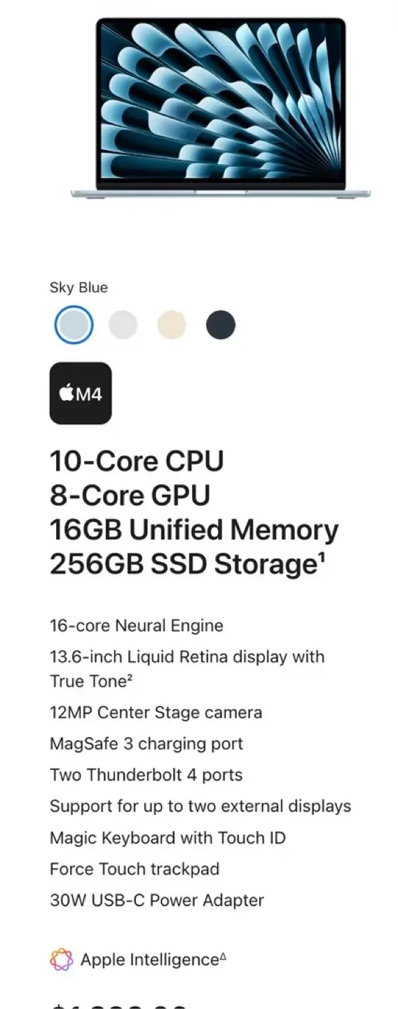 New 13-inch MacBook Air M4 Chip, 16GB Memory, 256GB Storage