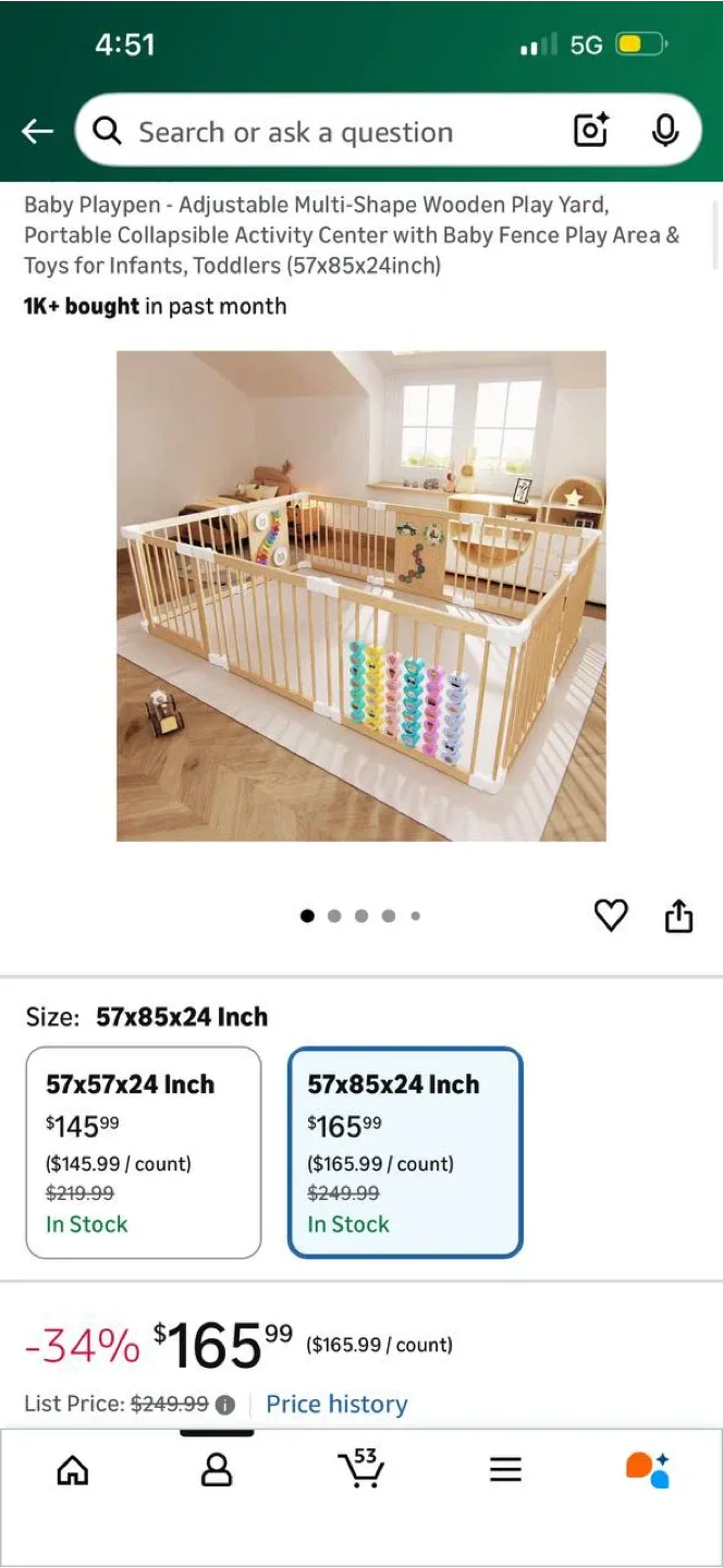 Foldable Portable Playpen 57x85x24 Inch