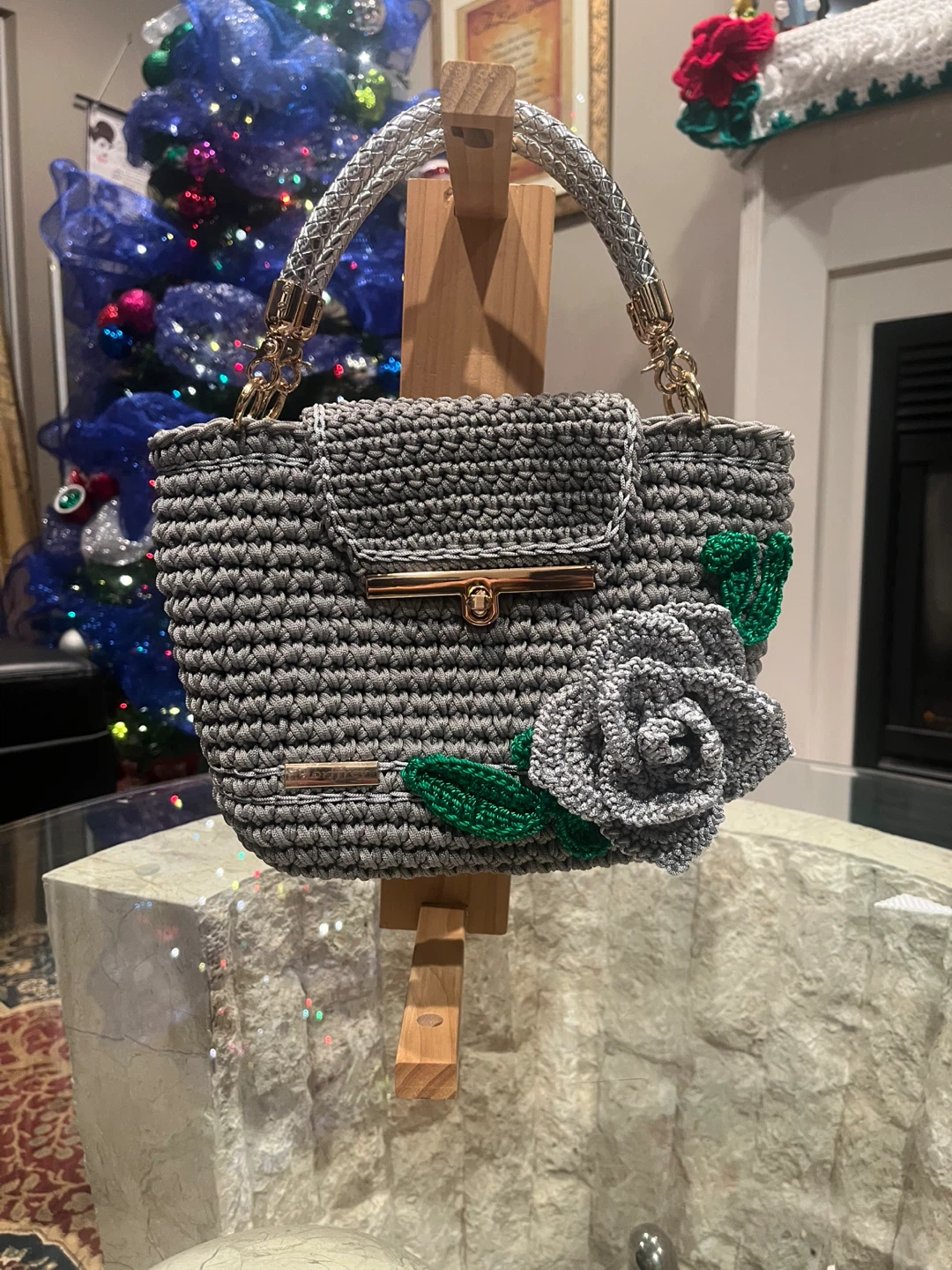 Handmade Crocheted Grey Floral Handbag - photo 2