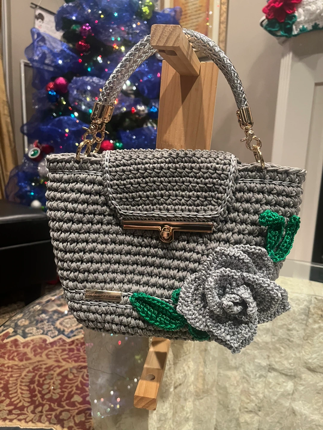 Handmade Crocheted Grey Floral Handbag