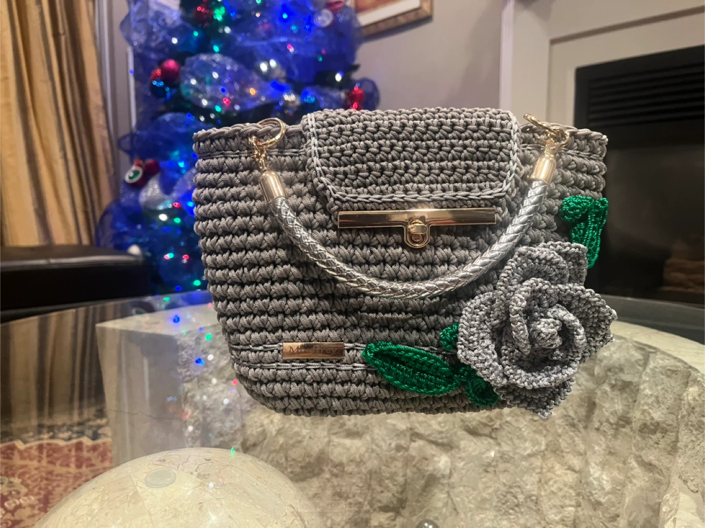 Handmade Crocheted Grey Floral Handbag - photo 5