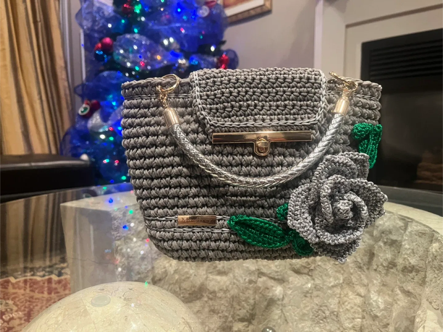 Handmade Crocheted Grey Floral Handbag image indicator(5)