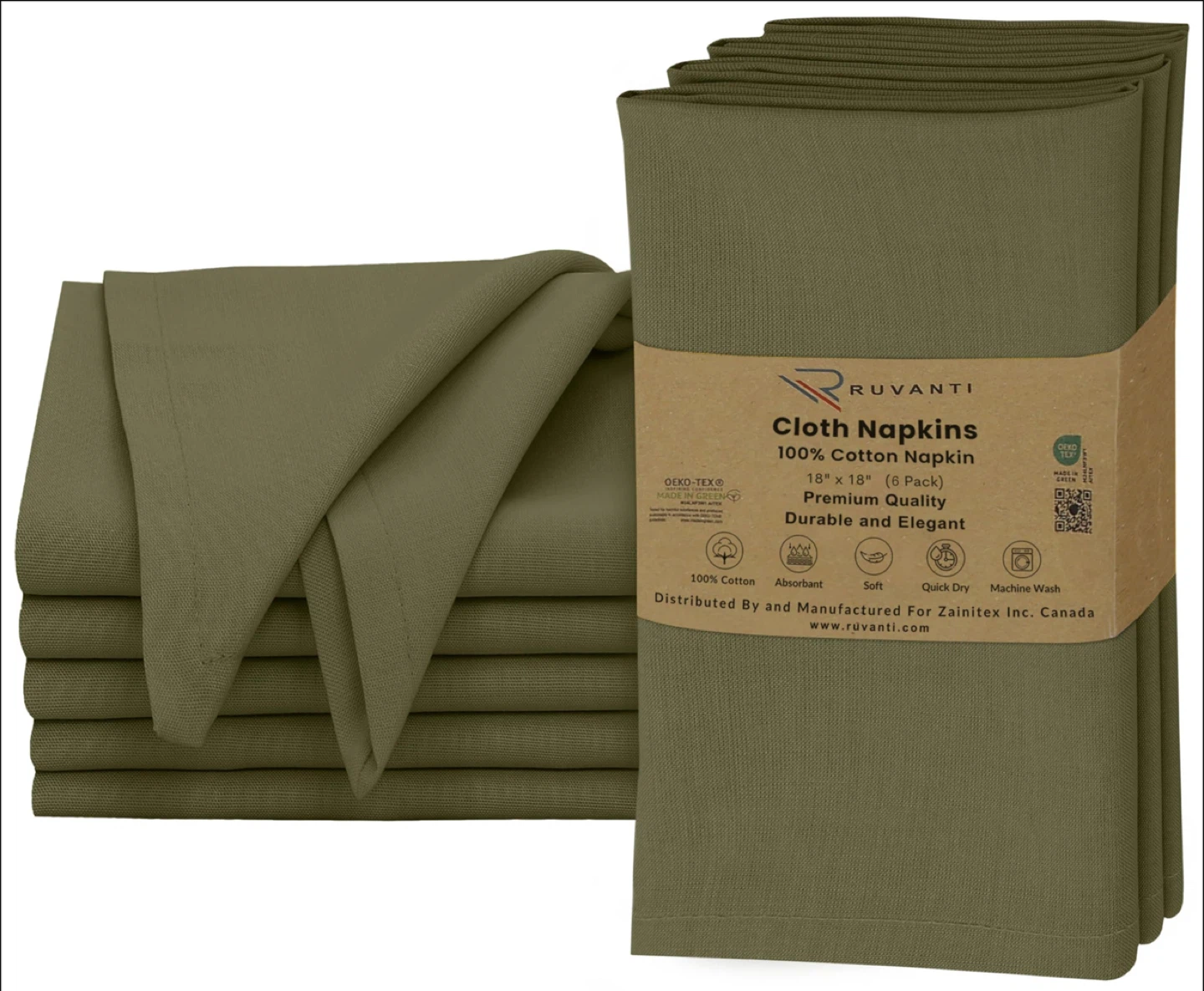 Ruvanti Cloth Napkins, Olive Green, 18"x18"