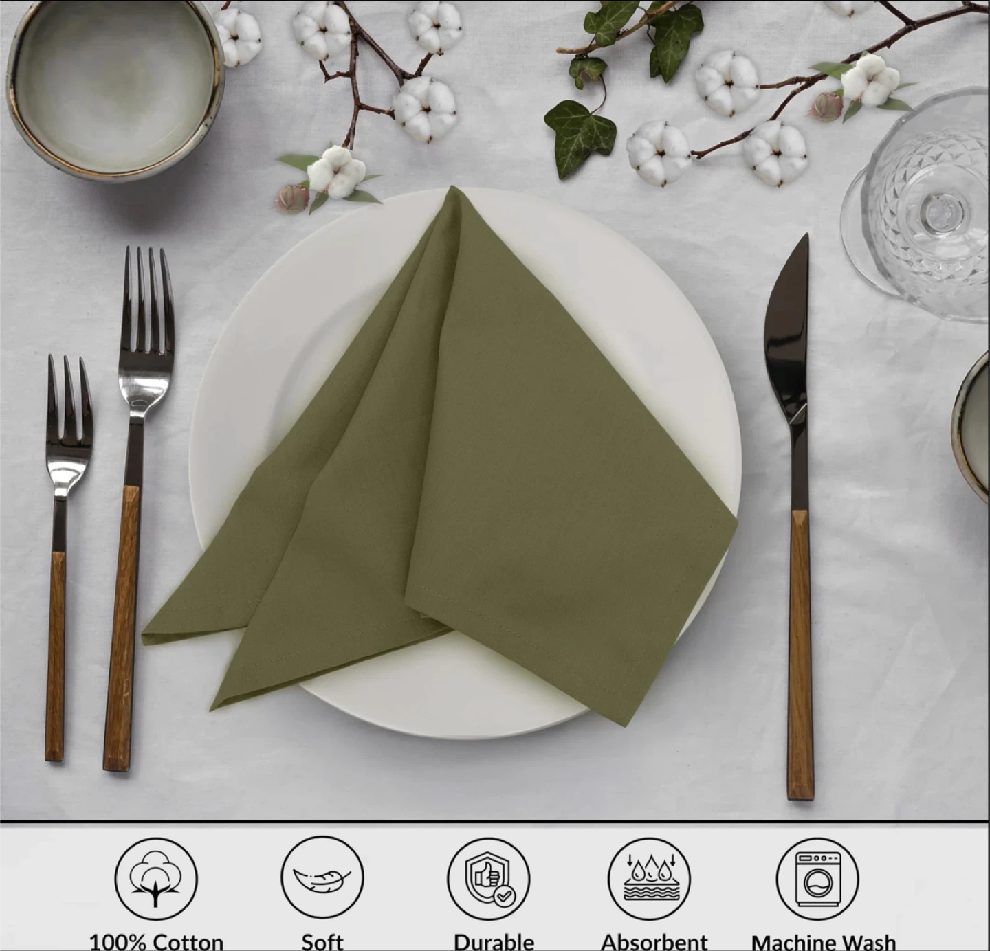 Ruvanti Cloth Napkins, Olive Green, 18"x18" - photo 3