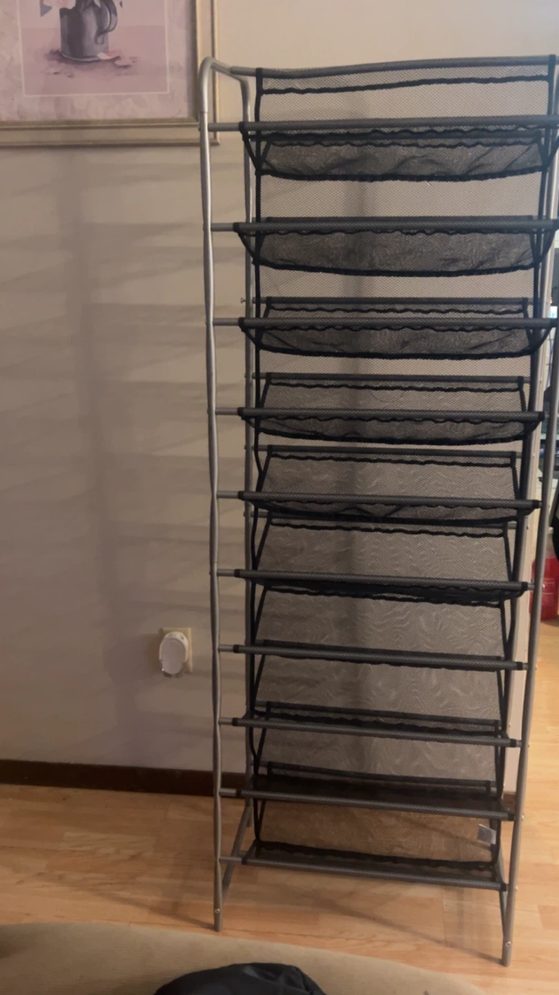 Shoe Rack - Silver Frame, Black Mesh Shelves