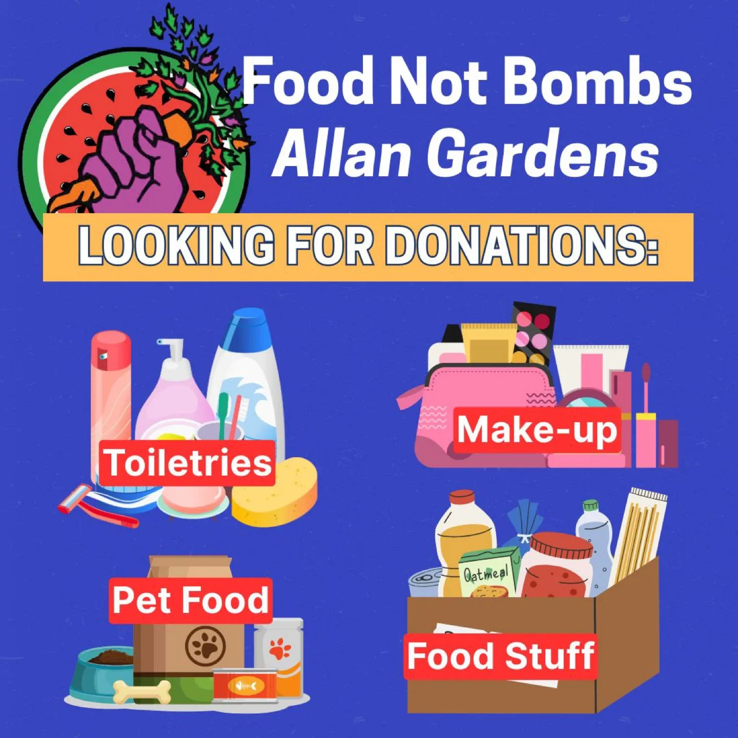 Donations Needed: Toiletries, Pet Food, Make-up, Food Stuff