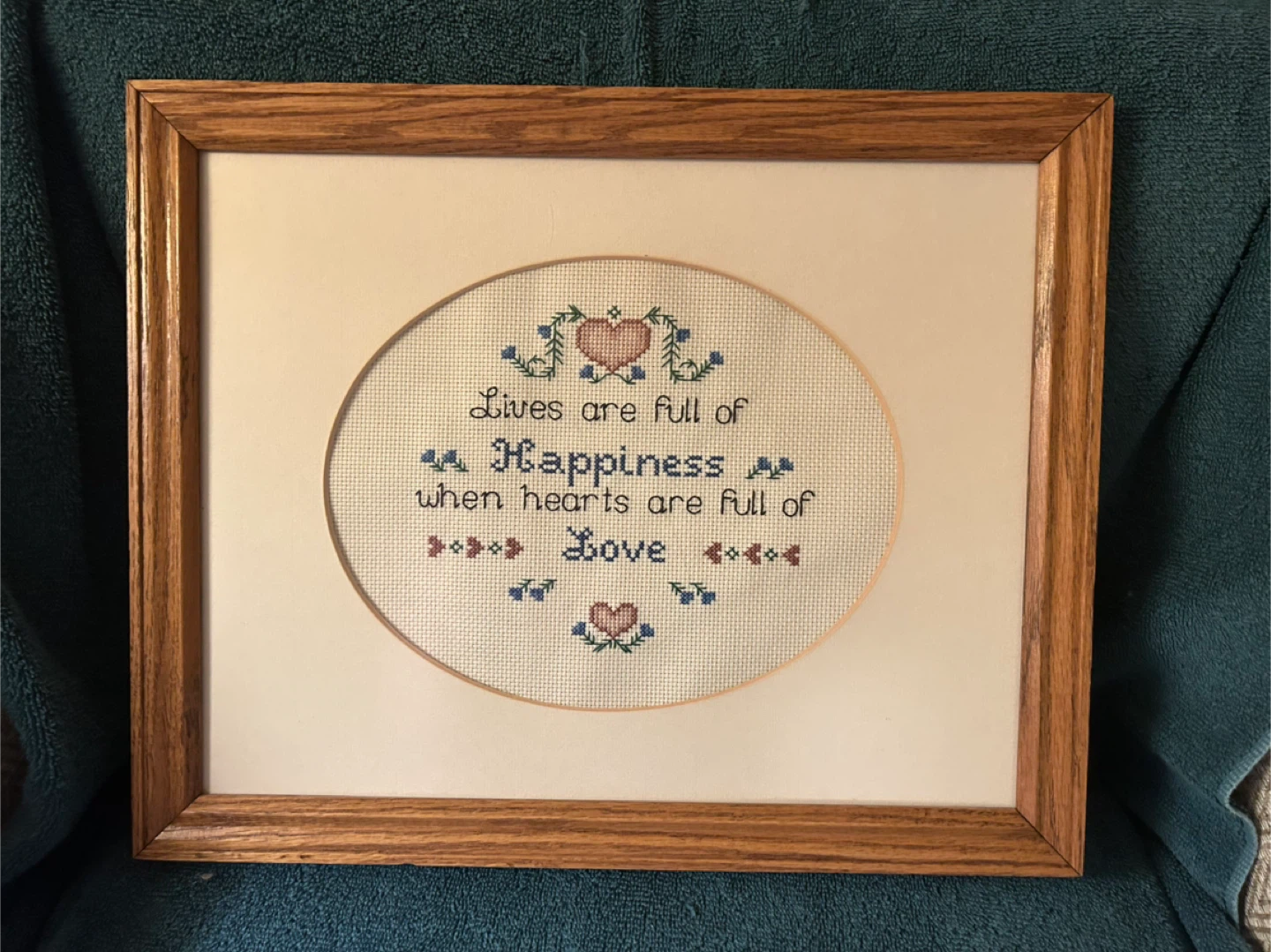 Framed Cross-Stitch Art: 'Lives are full of Happiness'