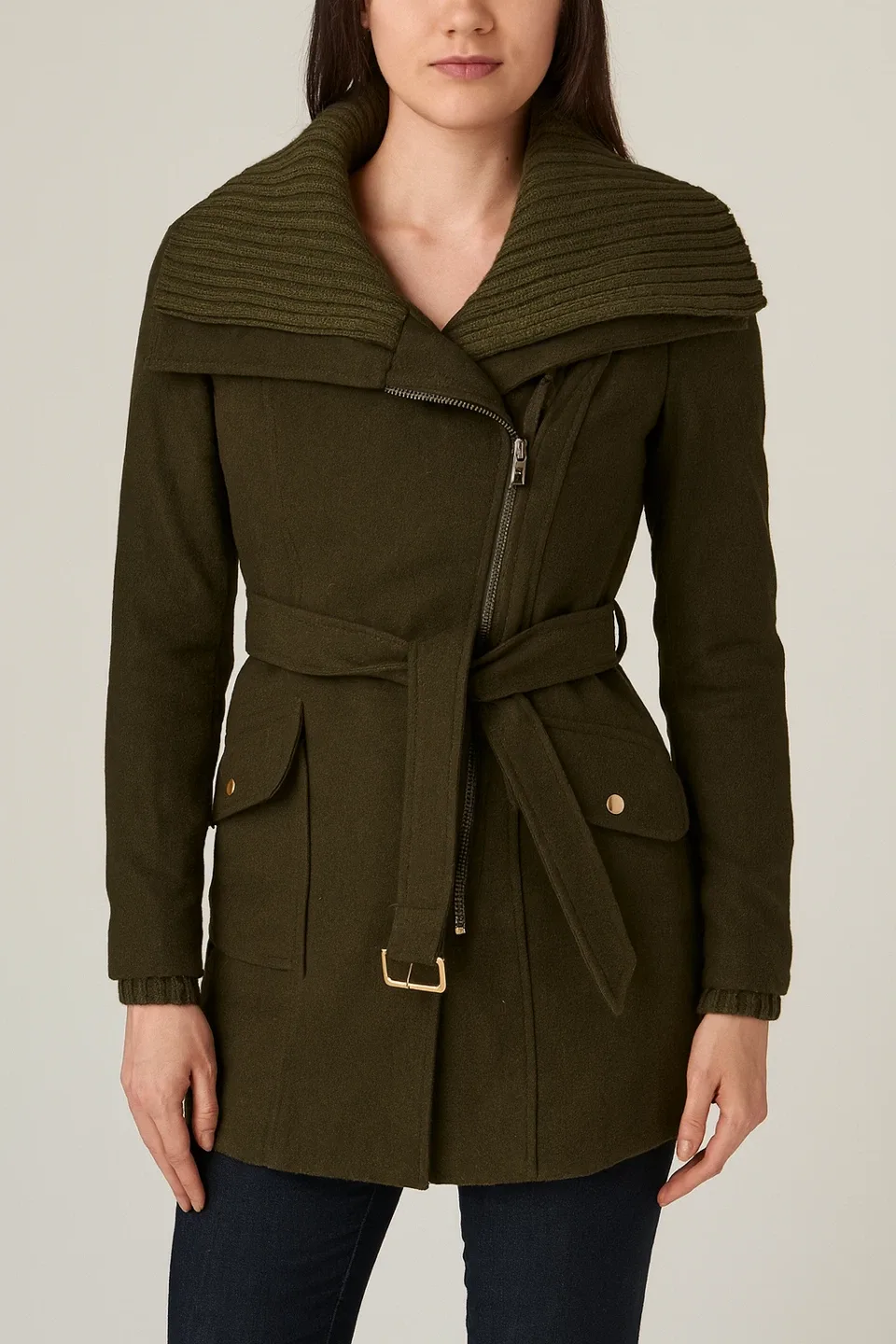 Olive Green Belted Wool Coat