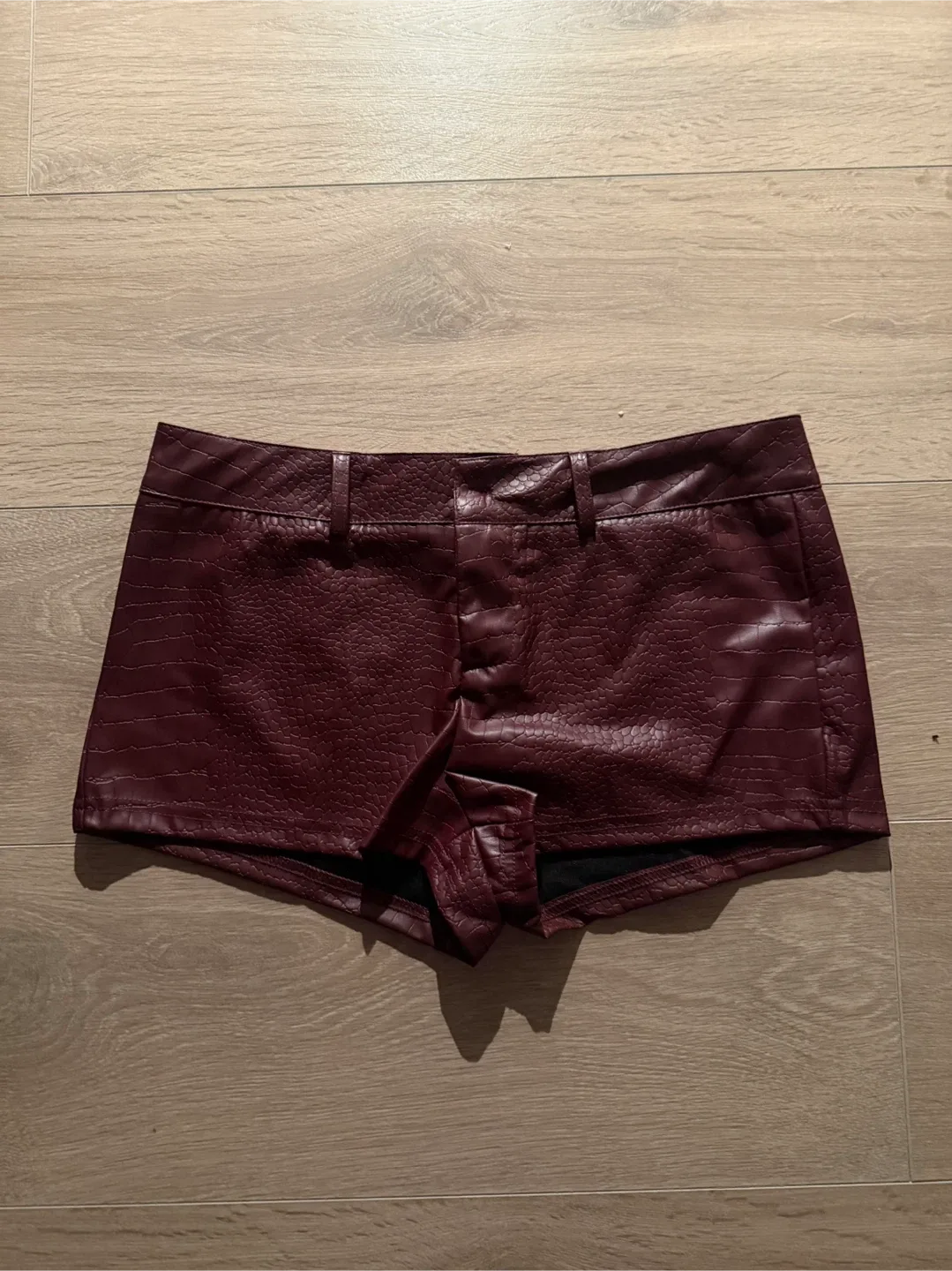 Burgundy Low Risw Leather Shorts