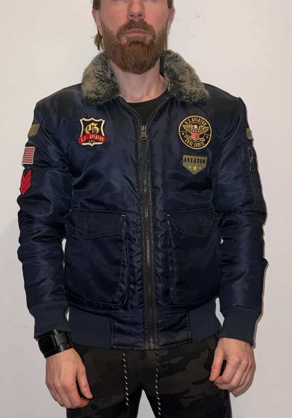 Navy Aviator Bomber Jacket with Faux Fur Collar Size M like S - photo 3