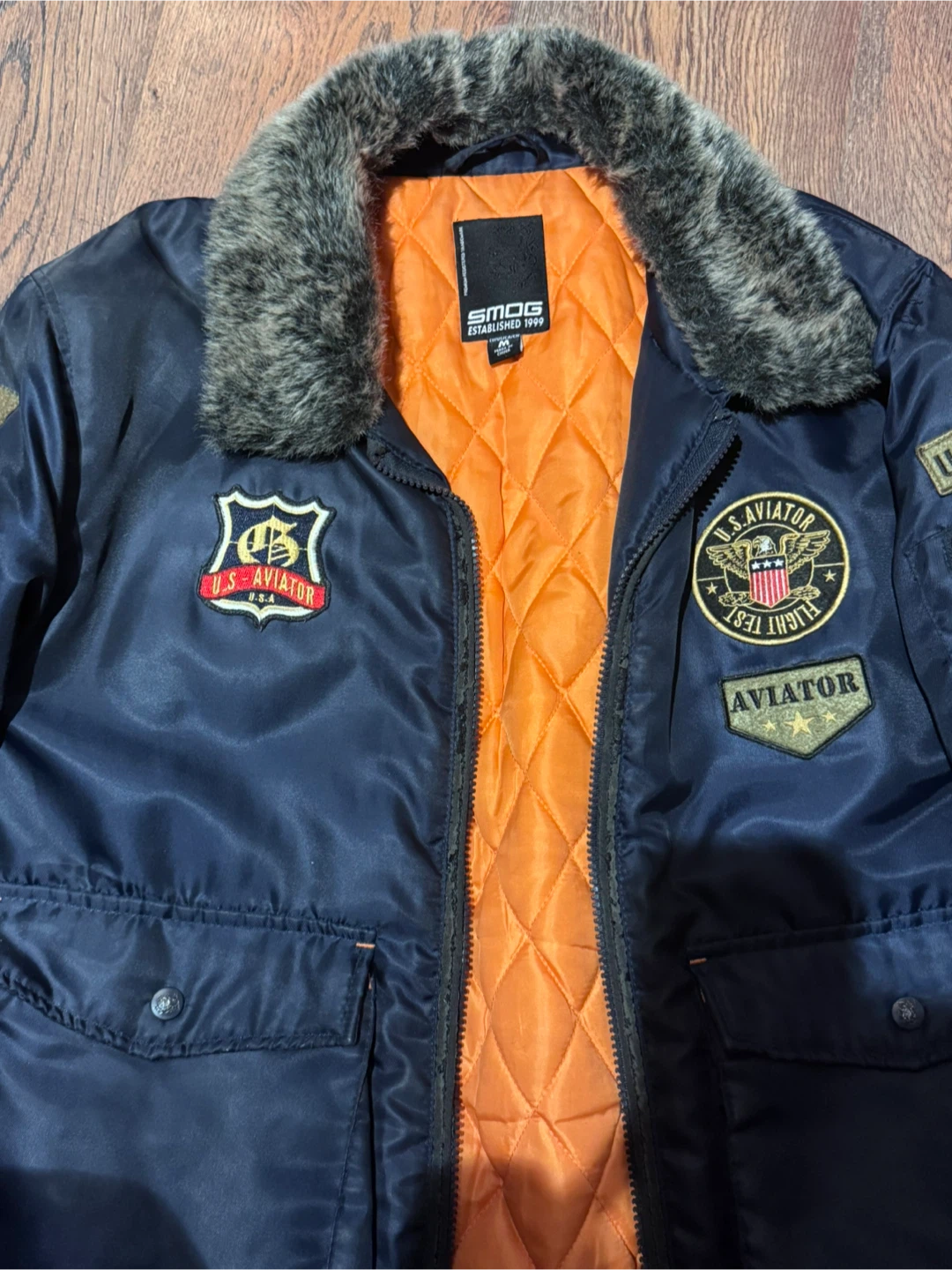 Navy Aviator Bomber Jacket with Faux Fur Collar Size M like S - photo 4