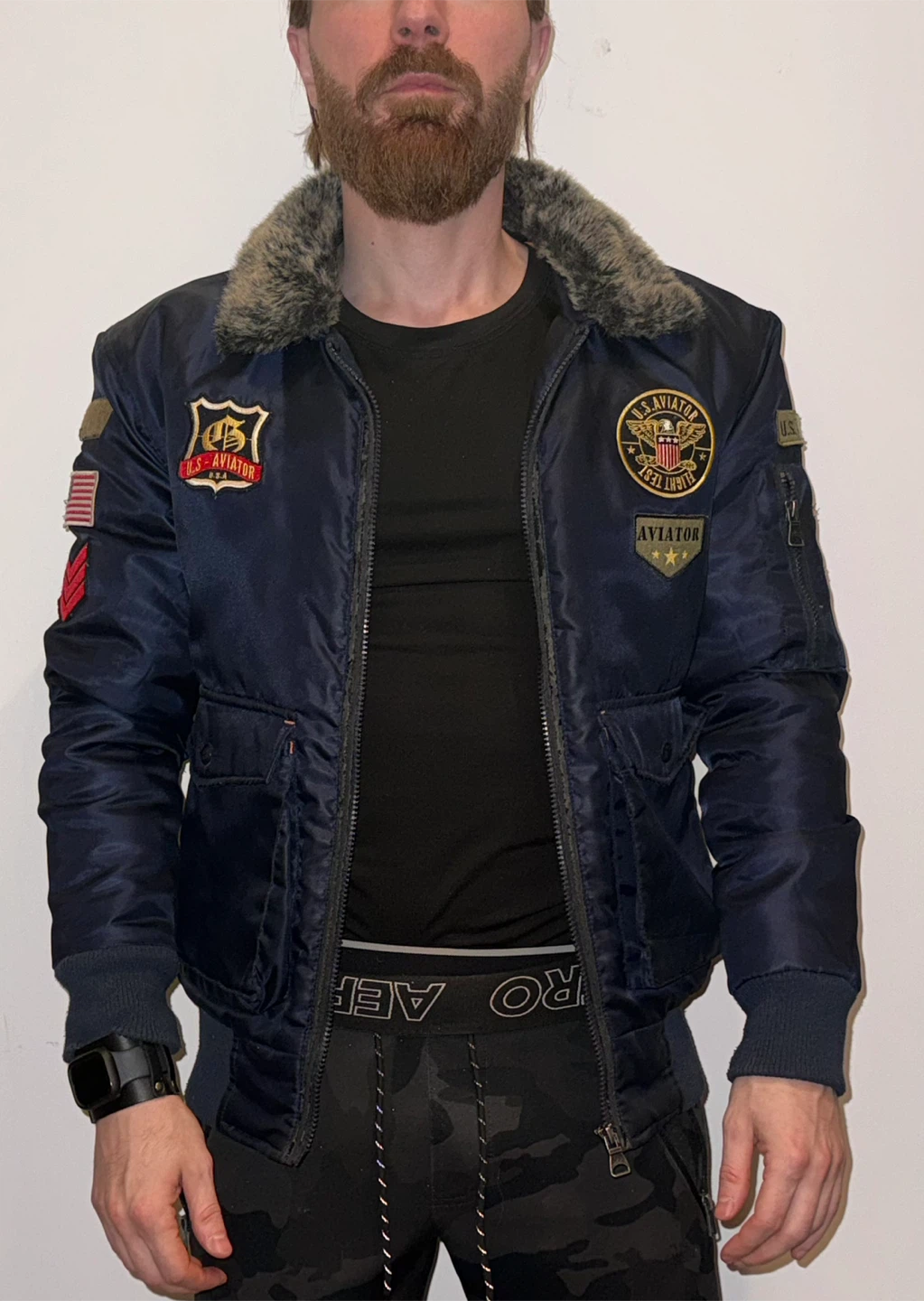 Navy Aviator Bomber Jacket with Faux Fur Collar Size M like S - photo 2