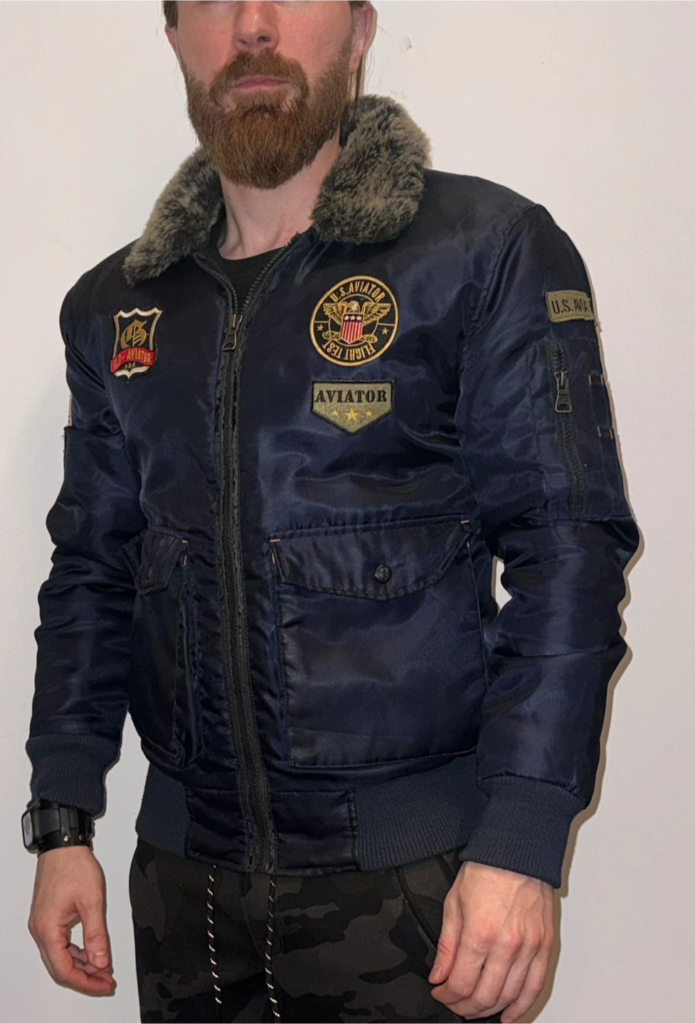 Navy Aviator Bomber Jacket with Faux Fur Collar Size M like S