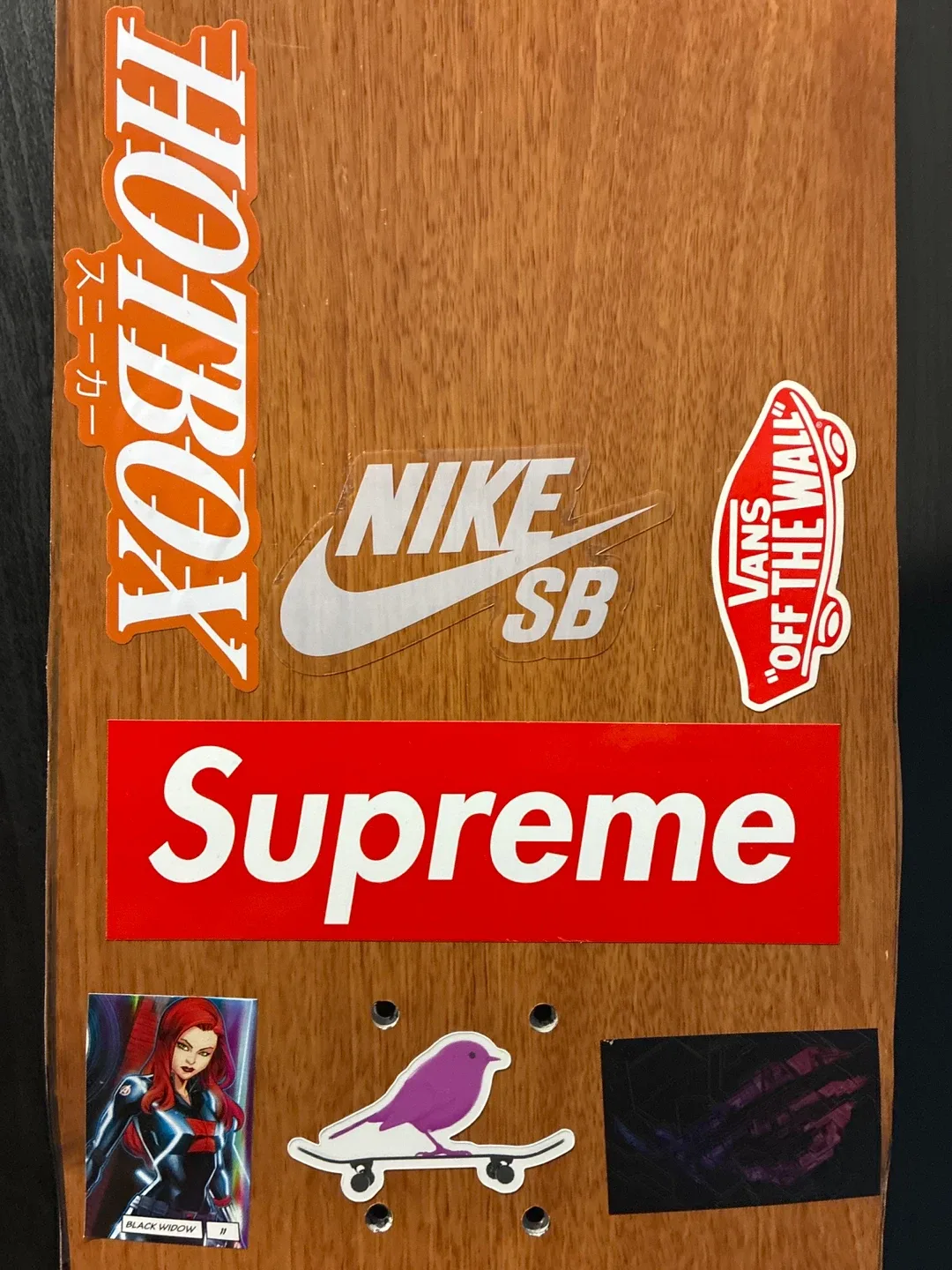 #Cleanout Metal skateboard deck with supreme and Nike stickers image indicator(4)