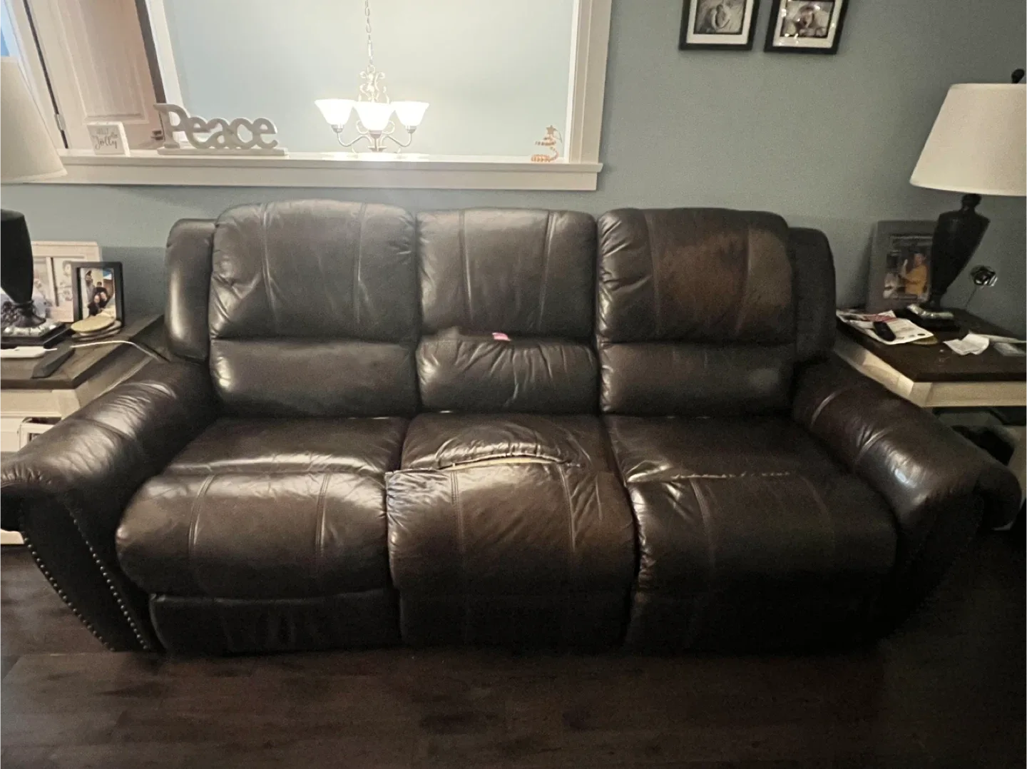 Brown Leather Reclining Sofa - AS IS