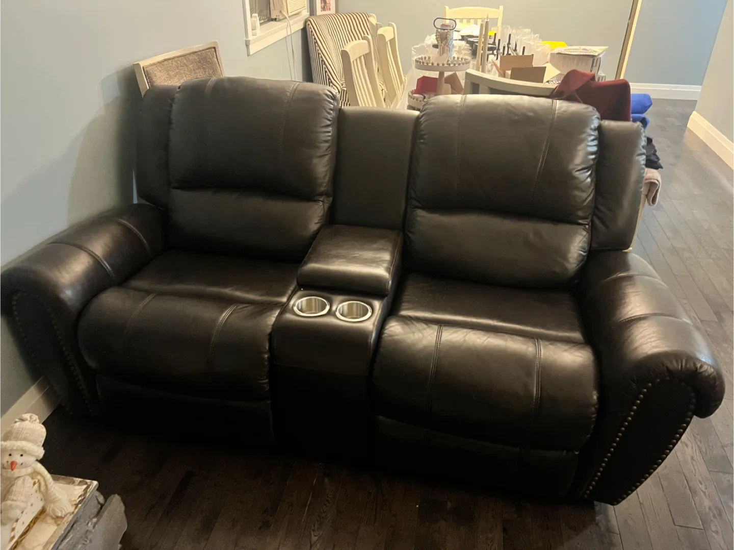 Brown Leather Loveseat Recliner with Console
