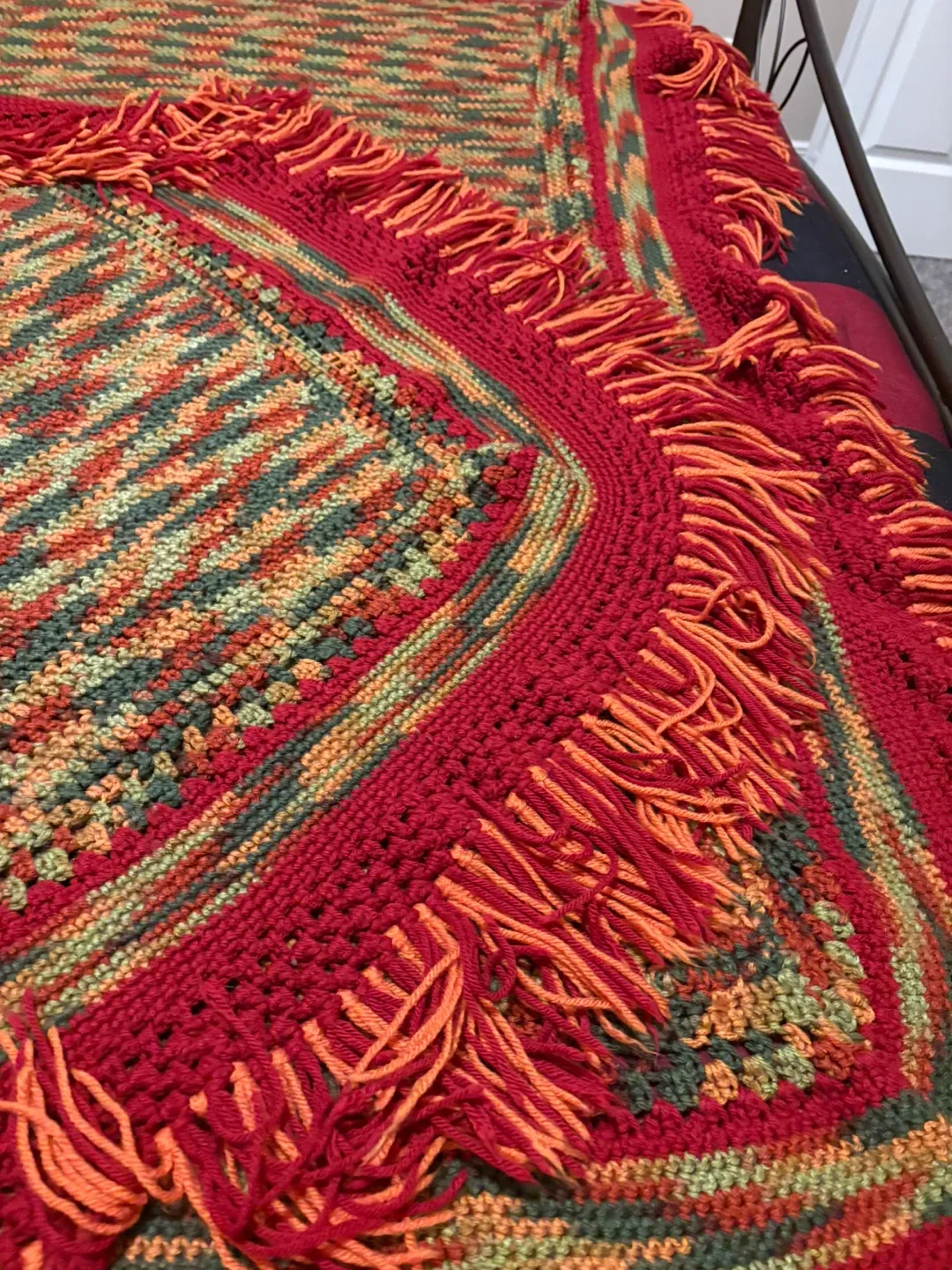 Handmade Crochet Blanket - Red, Orange, Green image indicator(4)