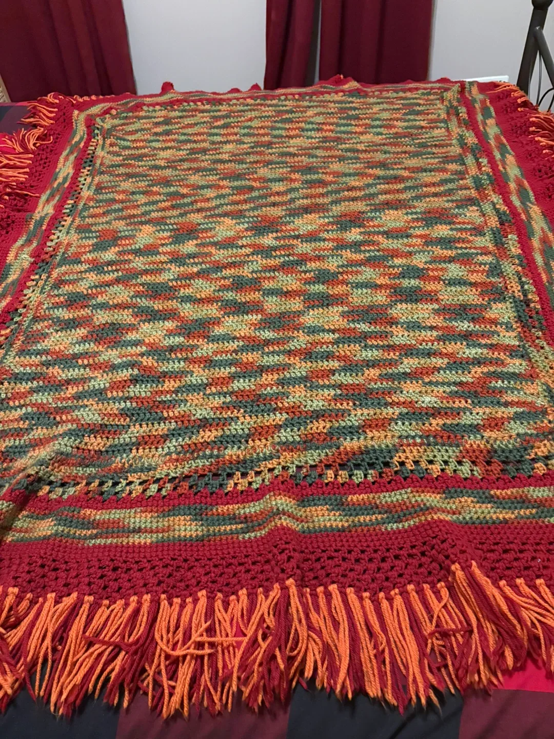 Handmade Crochet Blanket - Red, Orange, Green