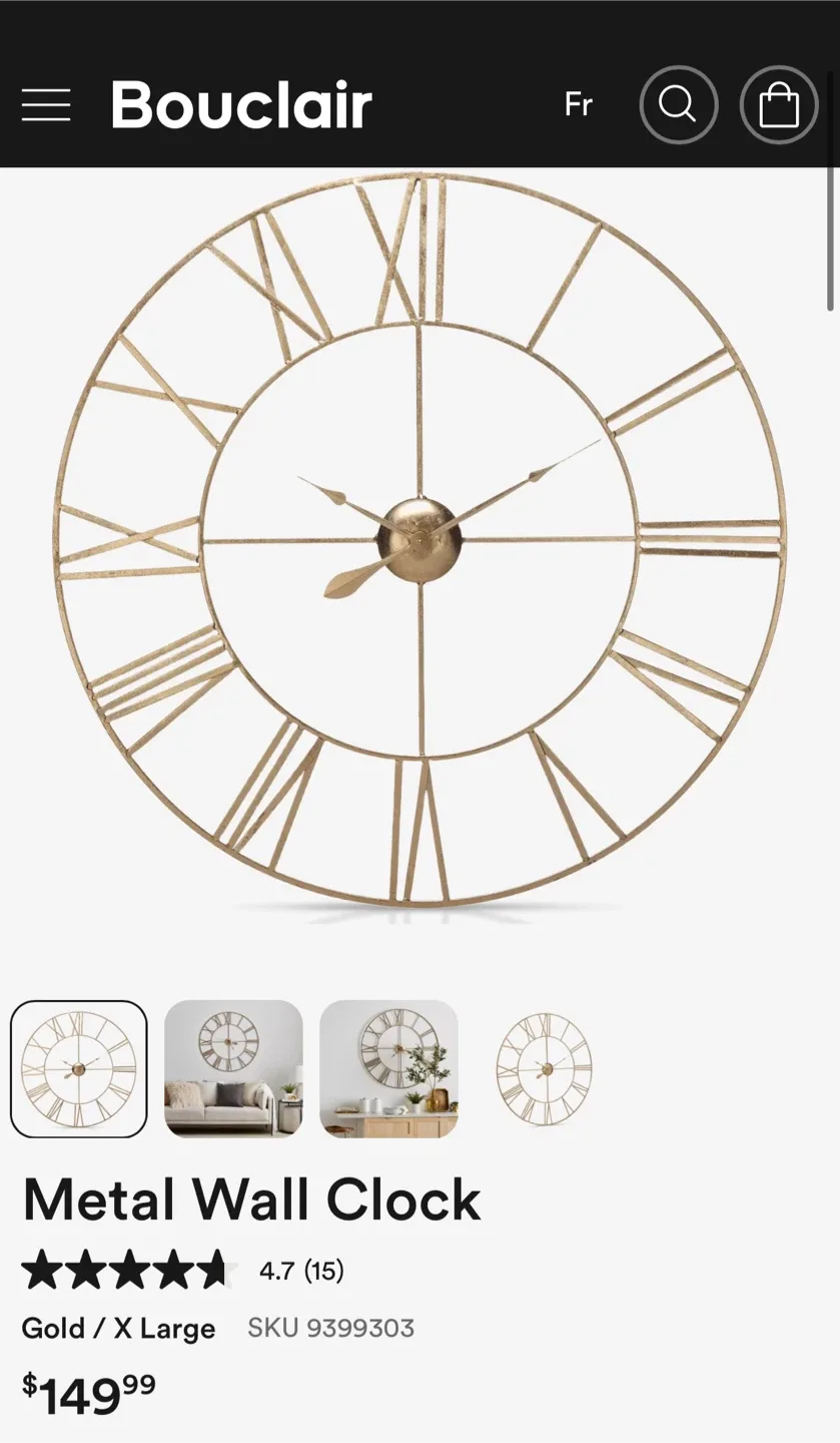 Bouclair Metal Wall Clock - Gold, X Large