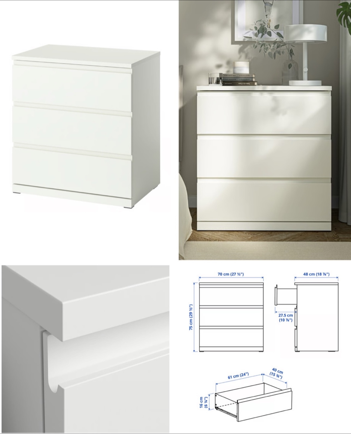 IKEA Malm White 3-Drawer Dresser