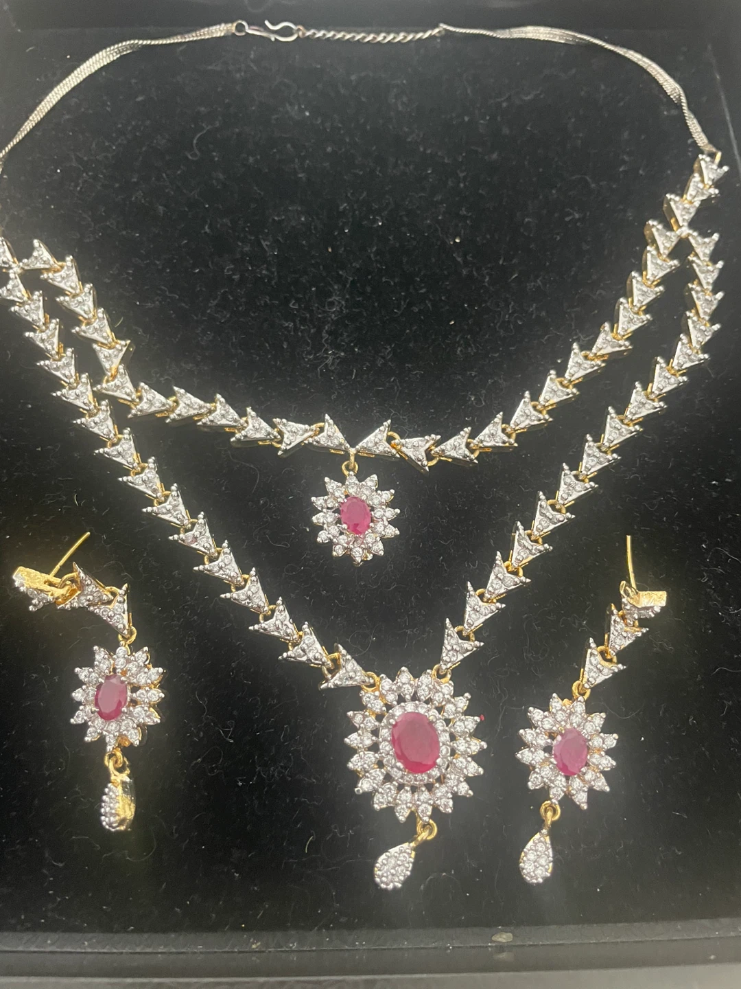 Rubies and Zirconia Necklace and Earring Set - Ruby Red Stone