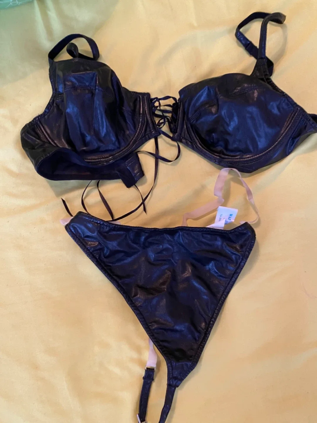 Warner's Black Leather Bra & Panty Set - Size S