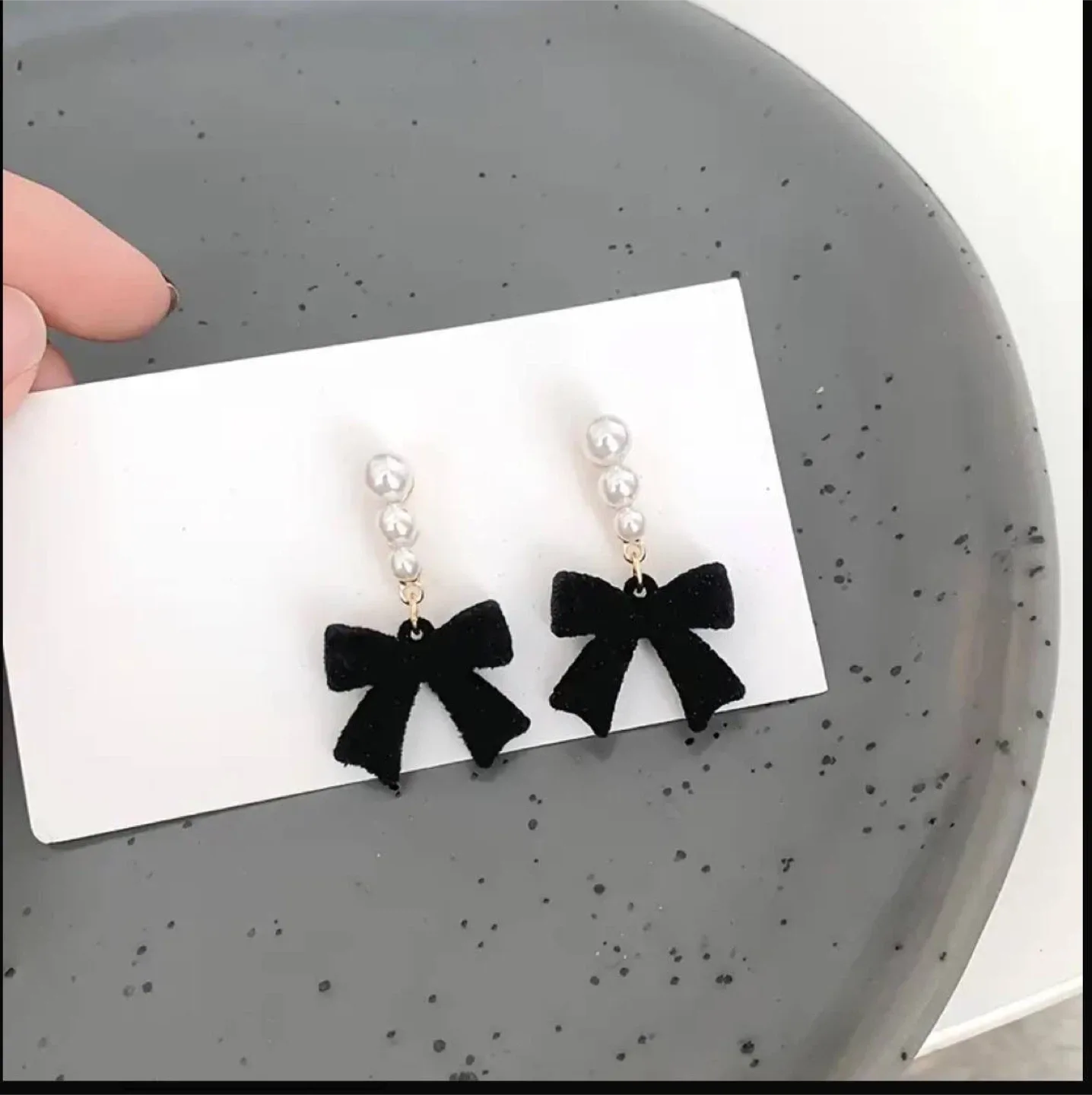 Black Velvet Bow Pearl Earrings image indicator(5)