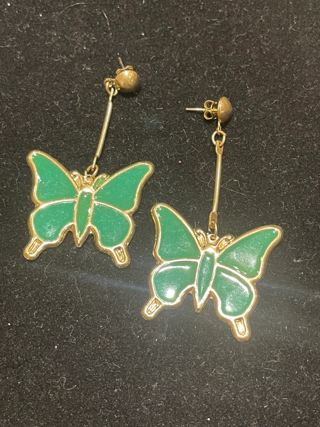 Vintage Butterfly Drop Earrings - Gold & Green