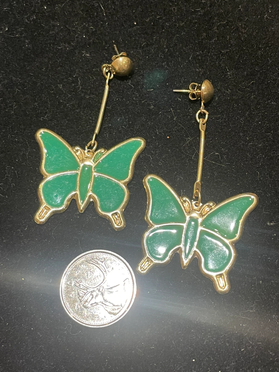 Vintage Butterfly Drop Earrings - Gold & Green - photo 3