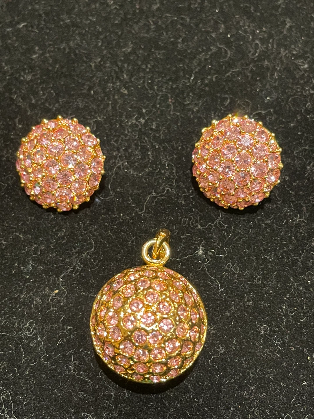 Unsigned designer Pink & Gold Tone Earrings and Pendant Set