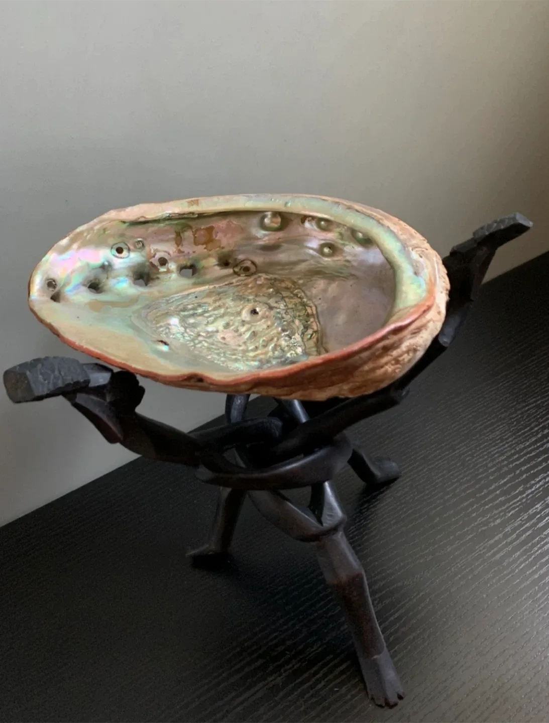 #🎁Idea•Large Abalone Shell Bowl with Vintage Wooden tripod Stand