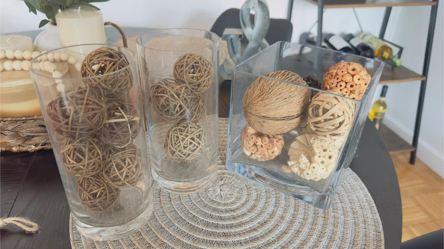 Set of glass vases with rattan decor balls