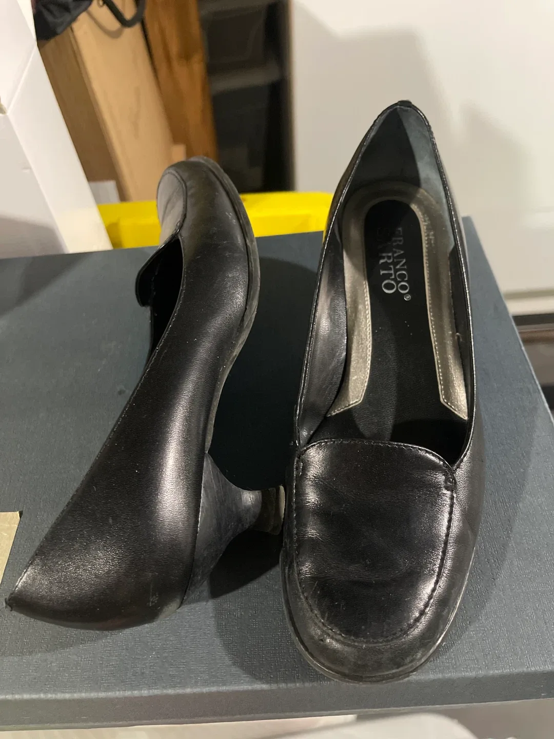 #Cleanout Franco Sarto Black Leather kitten Heels loafers