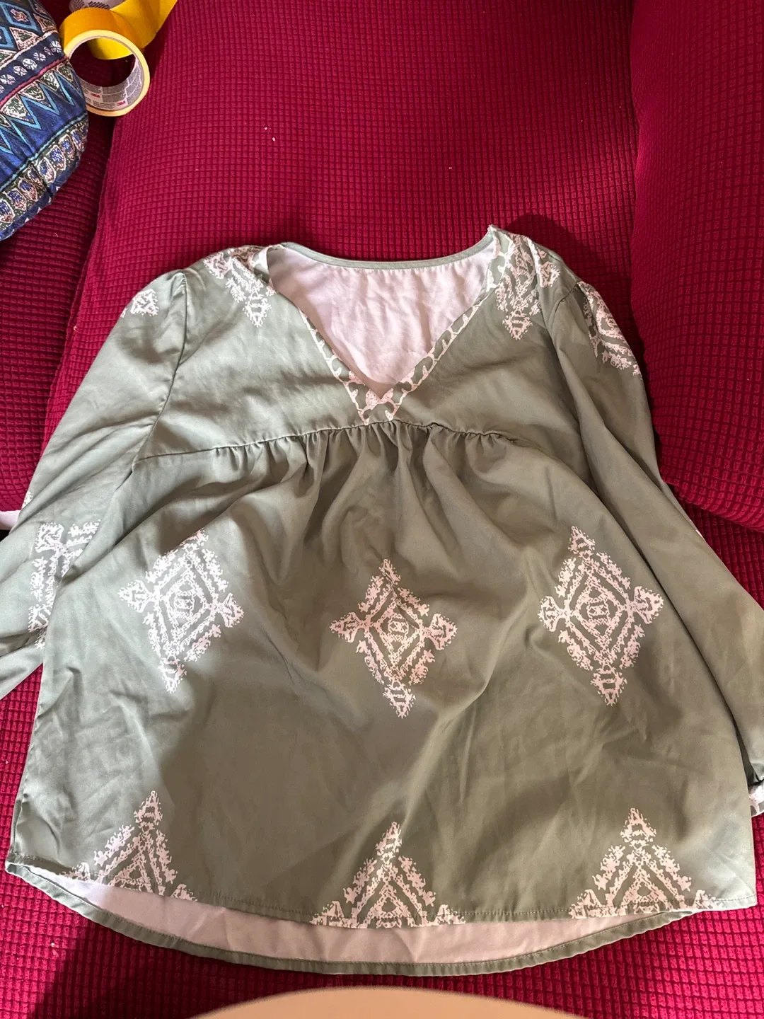 Green & White Patterned Blouse