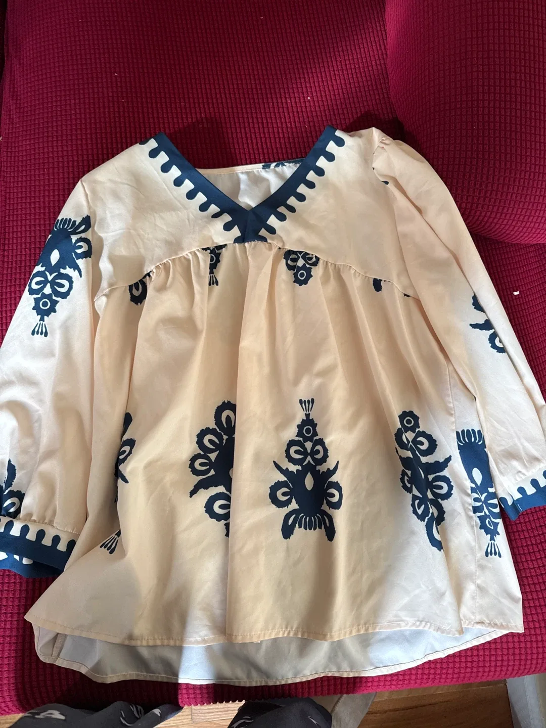 Beige & Blue Long Sleeve Top