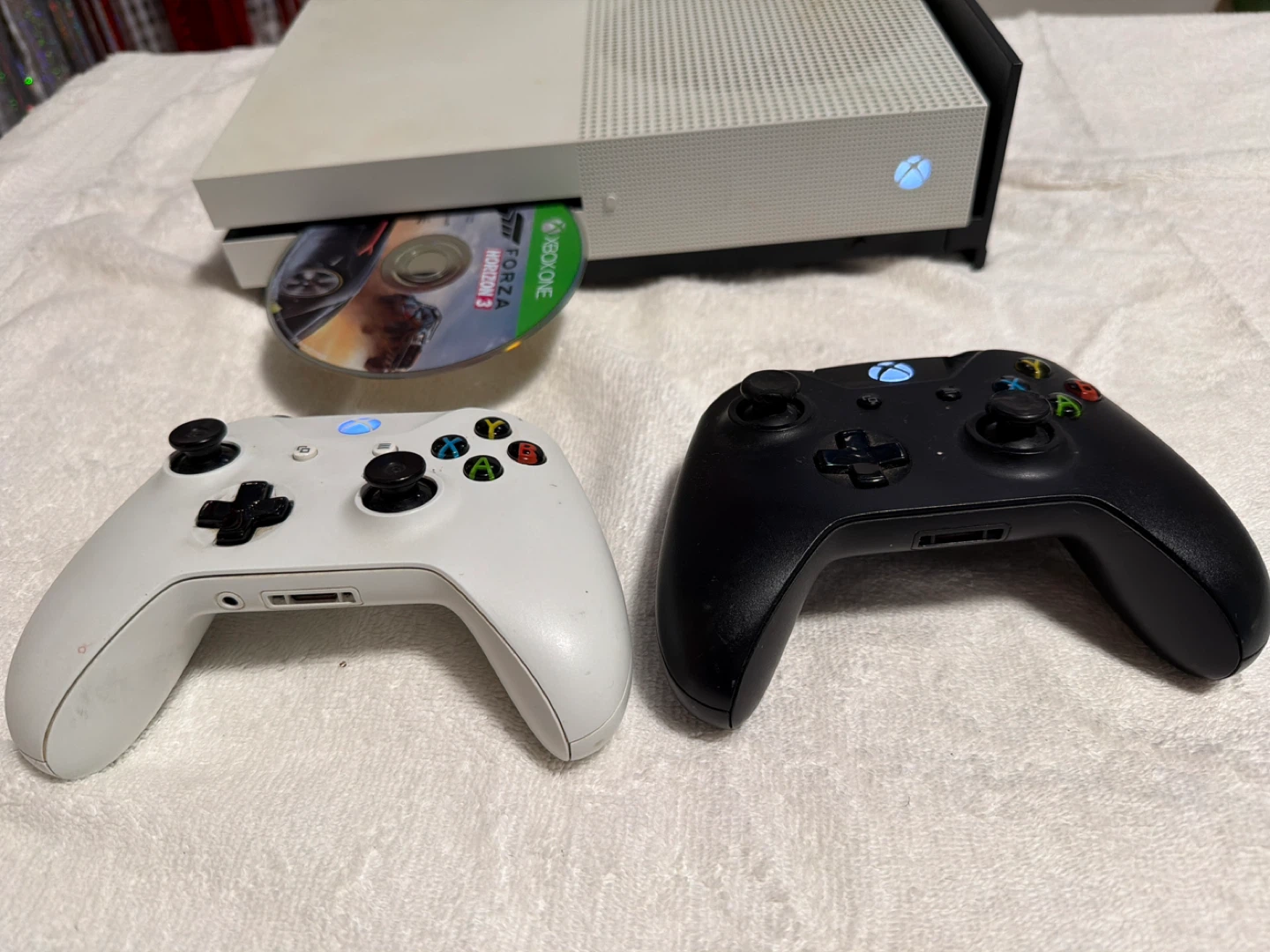 Xbox One S with Forza Horizon 3 and 2 Controllers