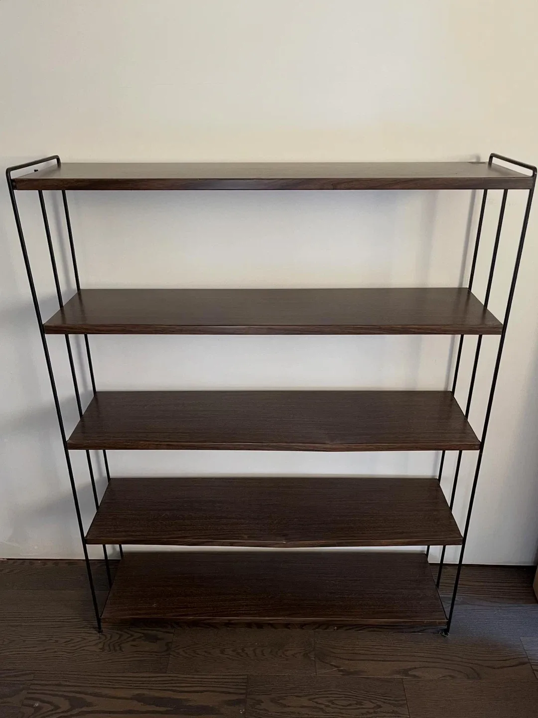 MCM metal faux wood grain shelving unit