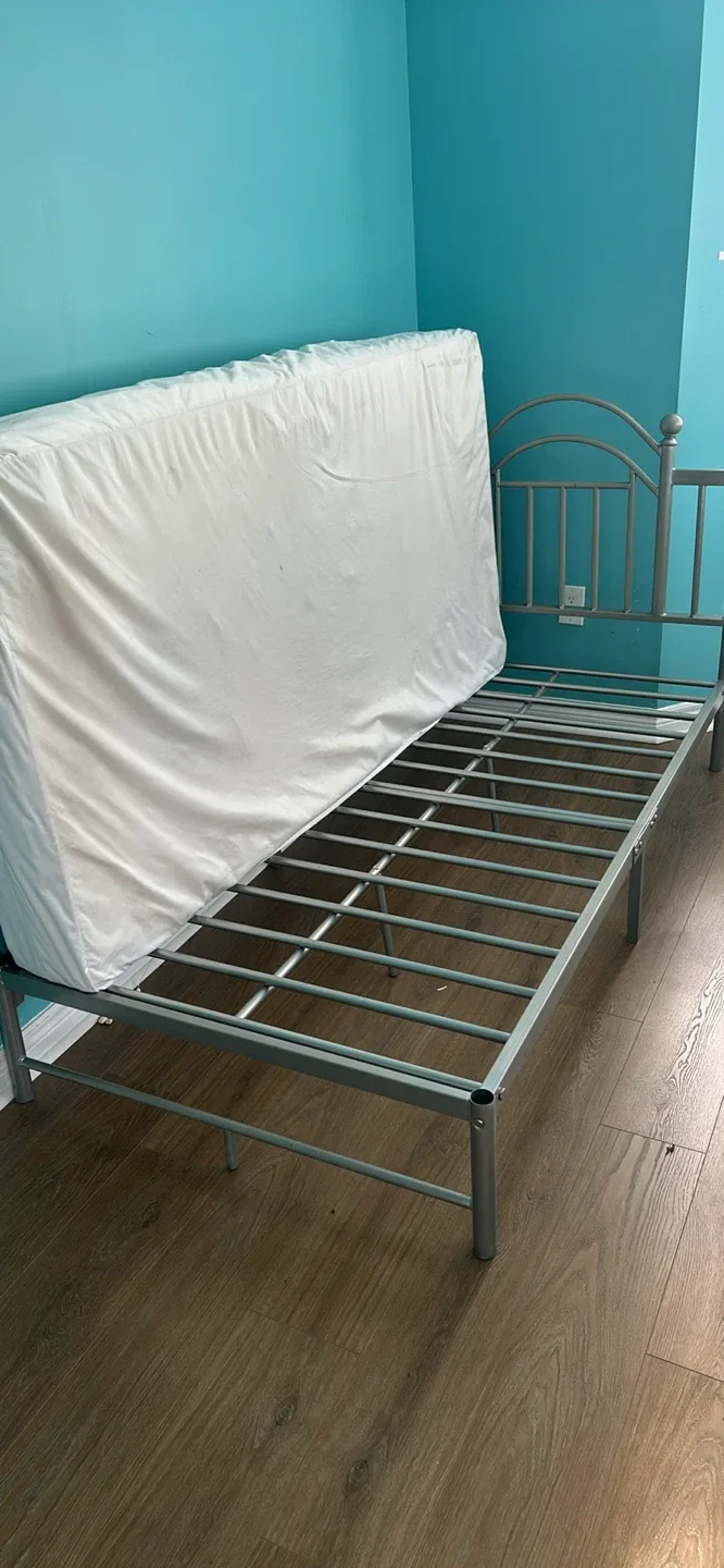 Silver Metal Twin Bed Frame and mattresses