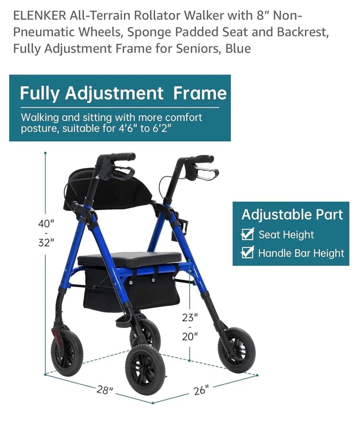 ELENKER All-Terrain Rollator Walker with 8” Non-Pneumatic Wheels image indicator(6)