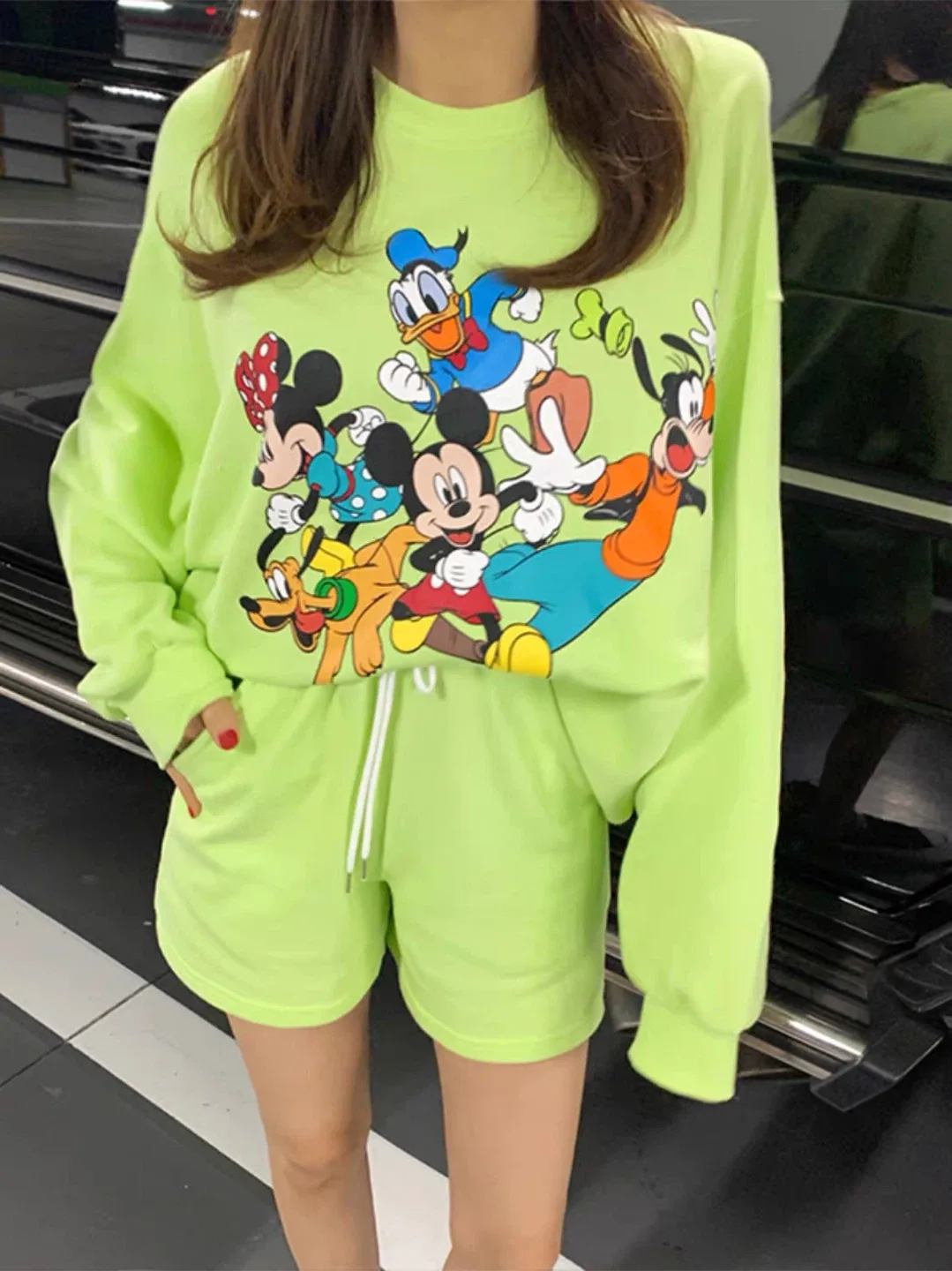 New Korean Women’s Disney Cartoon Print Lounge Set - Lime Green