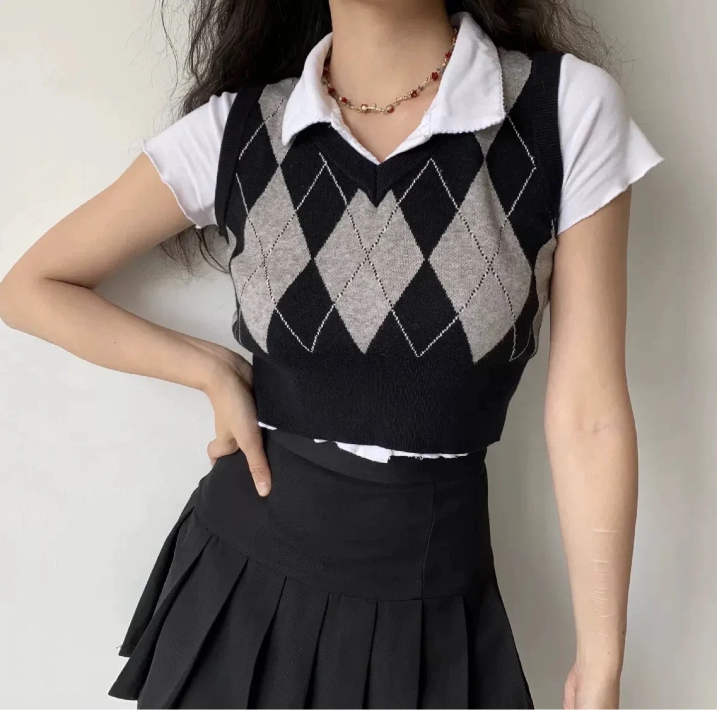 Women’s Cropped Argyle Sweater Vest - Size S