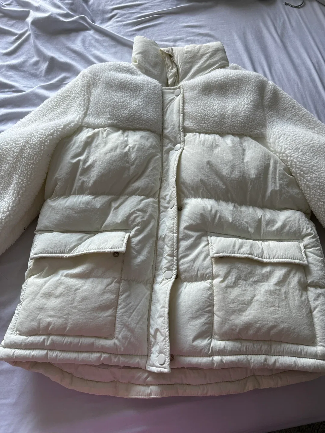 White Puffer Jacket with Sherpa Details
