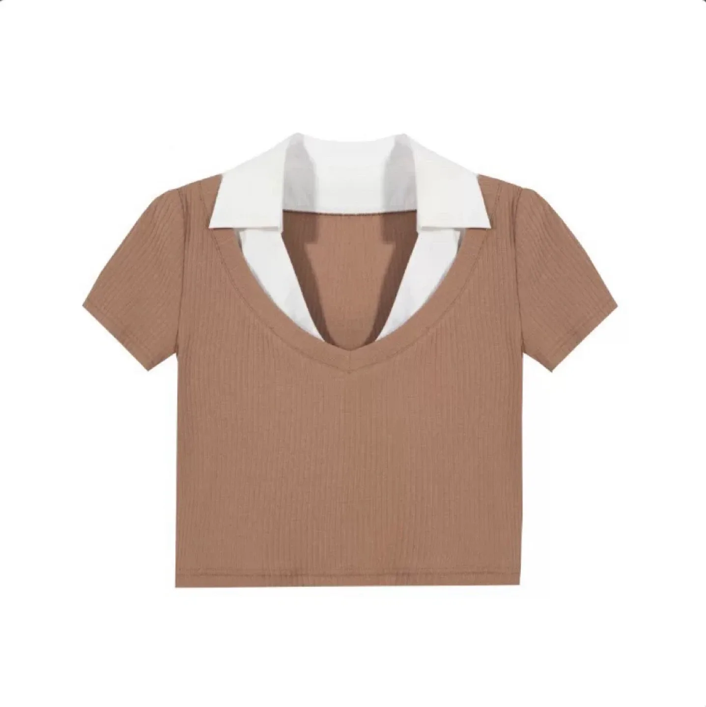 New Women’s Brown Ribbed Cropped Top with White Collar