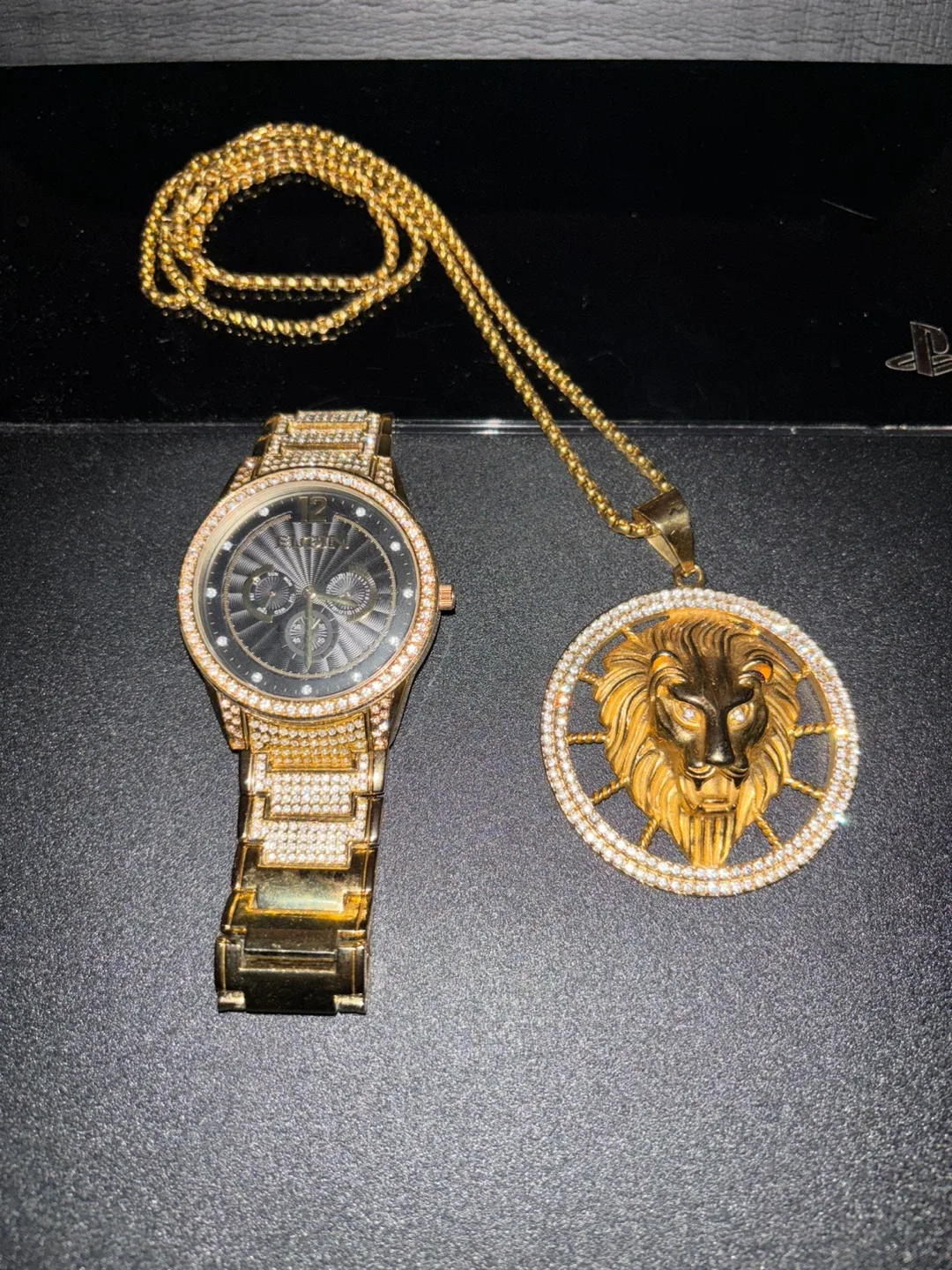 Elgin Gold Watch & Lion Pendant Necklace