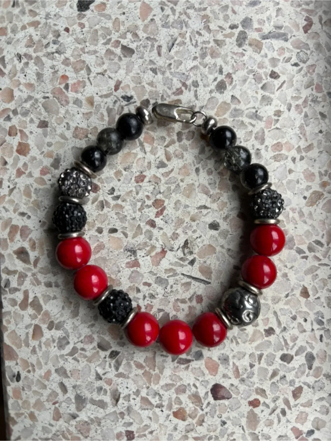 Red, Black, and Silver Beaded Bracelet
