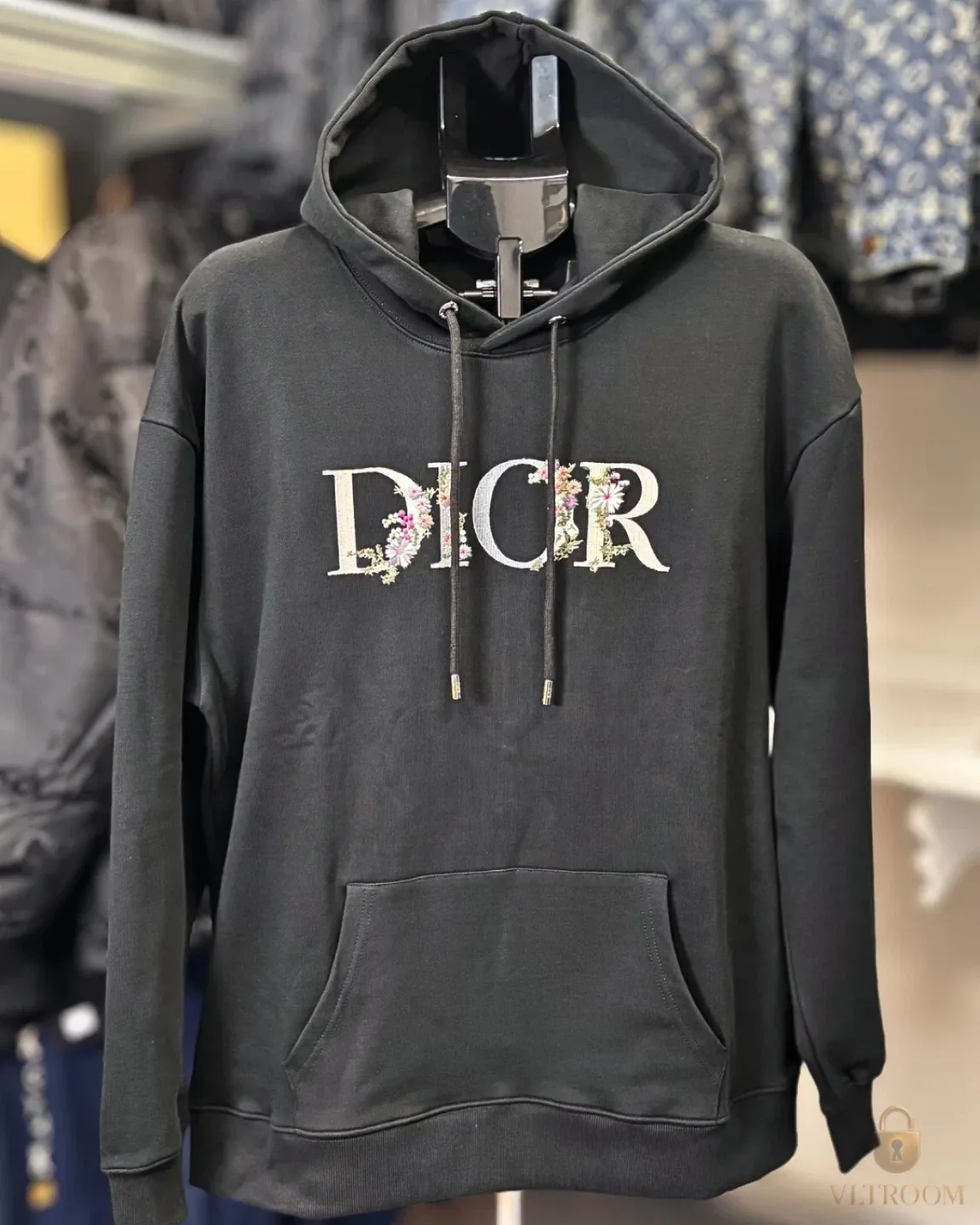 Dior flowers embroidered hoodie- BLACK