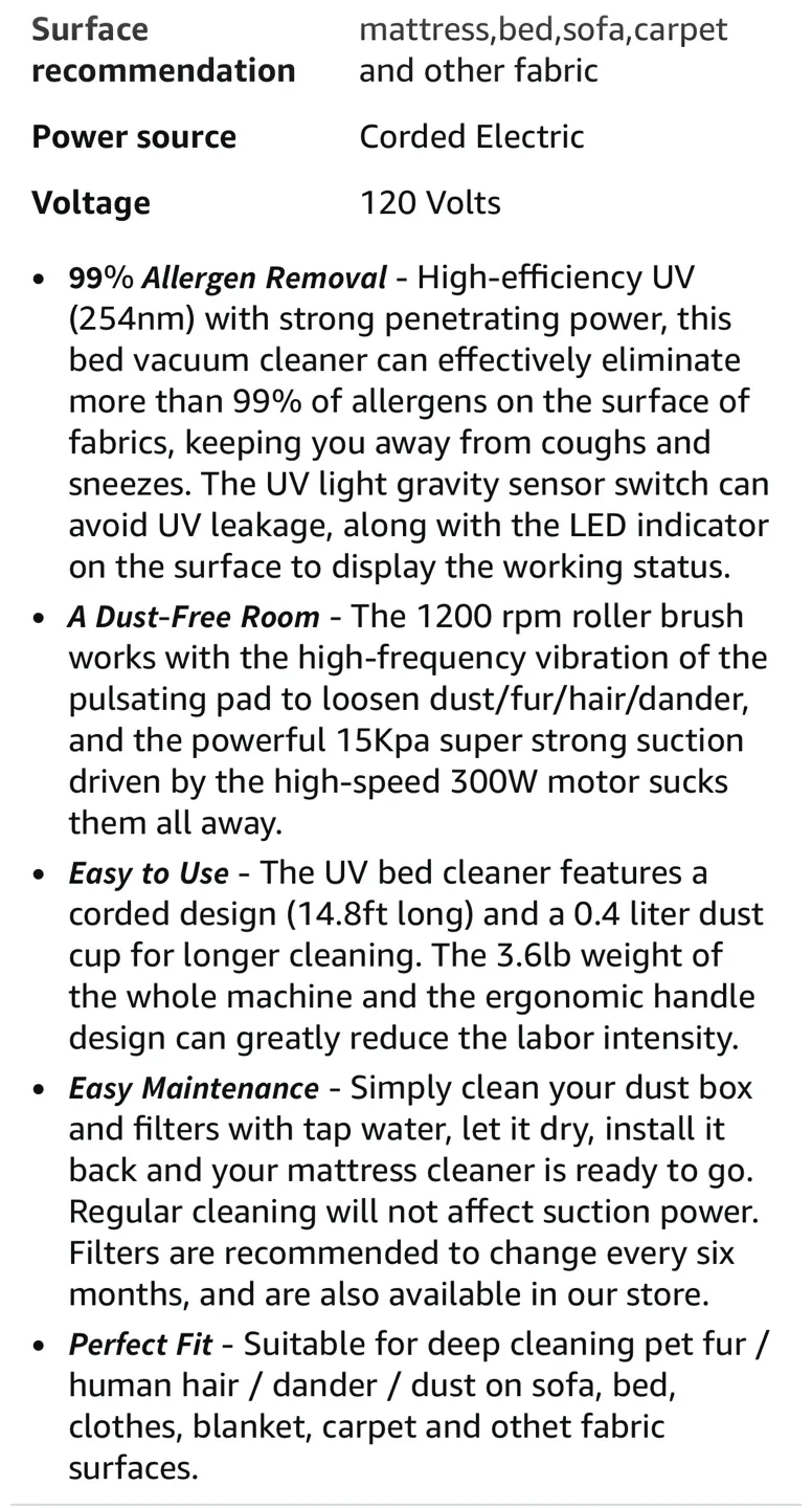 DIBEA Bed UV Vacuum Cleaner - Mattress / Couch Cleaner image indicator(3)