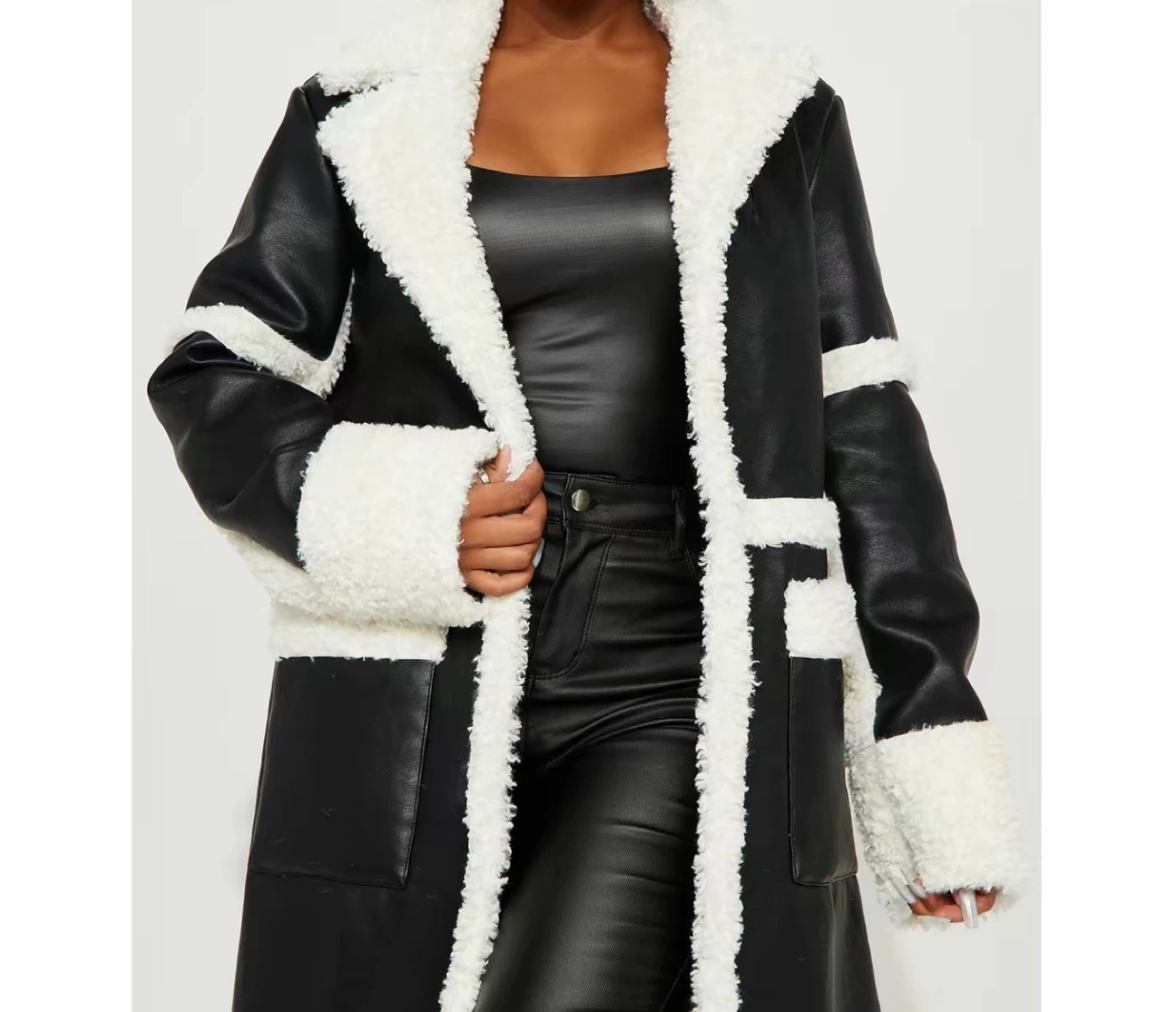 Black & White Faux Leather Trench Coat - photo 2